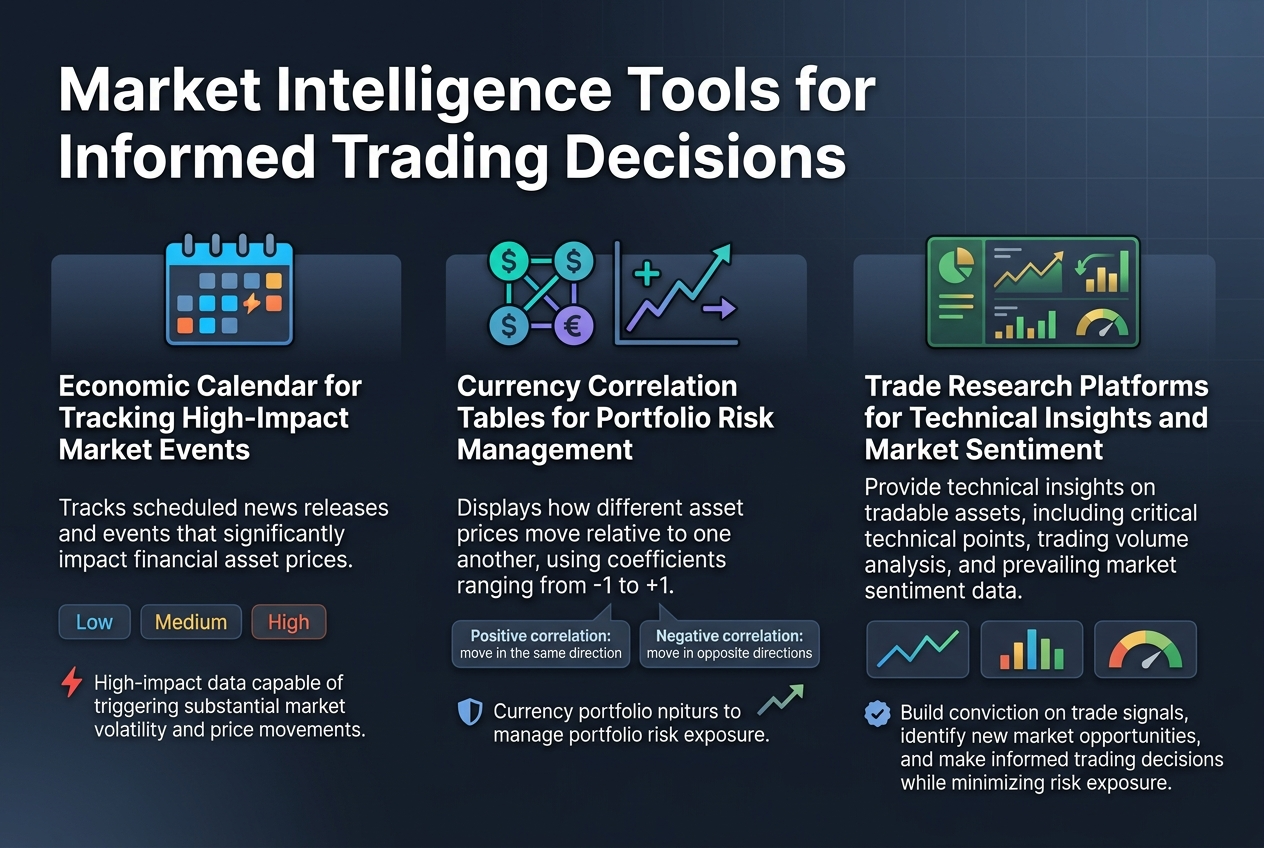 Create a full-bleed professional infographic in a 3:2 aspect ratio with a clean dark navy-to-slate gradient background, subtle grid texture, and bright accent colors in cyan, teal, orange, and green. Use modern sans-serif fonts with a bold white title at the top left.
Top heading, large and bold:
"Market Intelligence Tools for Informed Trading Decisions"
Below the heading, arrange three wide horizontal content blocks across the canvas in a clear 3-column layout with generous spacing, each block containing a colored icon, a bold section title, and short explanatory text. Use crisp vector-style graphics, flat design, and subtle shadows.
Left block:
A calendar icon with highlighted event markers, colored blue and orange.
Title:
"Economic Calendar for Tracking High-Impact Market Events"
Body text in smaller white font:
"Tracks scheduled news releases and events that significantly impact financial asset prices."
Add three small labeled impact chips beneath: "Low", "Medium", "High"
Include a red lightning bolt or volatility marker next to "High-impact data capable of triggering substantial market volatility and price movements."
Center block:
A correlation matrix icon showing linked currency symbols and a line graph with positive and negative arrows, colored teal and purple.
Title:
"Currency Correlation Tables for Portfolio Risk Management"
Body text:
"Displays how different asset prices move relative to one another, using coefficients ranging from -1 to +1."
Add two small callout labels:
"Positive correlation: move in the same direction"
"Negative correlation: move in opposite directions"
Include a small shield icon near the line about managing portfolio risk exposure and a subtle opportunity arrow marker.
Right block:
A research dashboard icon with charts, volume bars, and sentiment indicators, colored green and gold.
Title:
"Trade Research Platforms for Technical Insights and Market Sentiment"
Body text:
"Provide technical insights on tradable assets, including critical technical points, trading volume analysis, and prevailing market sentiment data."
Add three small visual indicators underneath: a line chart, volume bars, and a sentiment gauge.
Include a small checkmark badge beside the phrase:
"Build conviction on trade signals, identify new market opportunities, and make informed trading decisions while minimizing risk exposure."
Use a clear hierarchy: title at top, three evenly aligned blocks below, with bold section headings and smaller descriptive text. Keep all text sharp, readable, and left-aligned within each block. No people, no clutter, no extra text beyond the specified wording.
