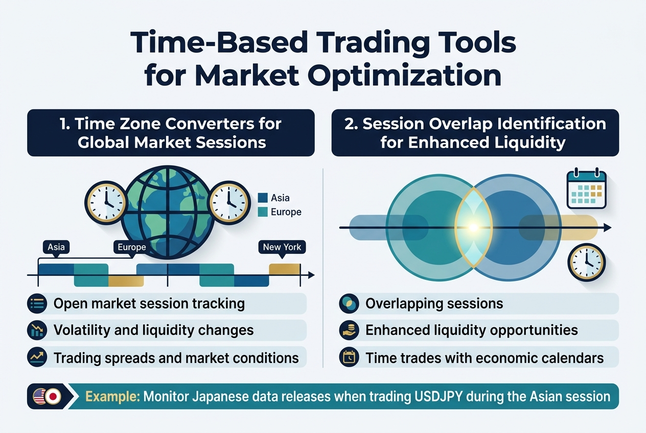 Create a clean professional infographic illustration in a 3:2 aspect ratio, full-bleed wide layout with no frame, using a modern finance design style in navy, teal, blue, and gold accents on a light background.
Top center: large bold heading in dark navy text: "Time-Based Trading Tools for Market Optimization"
Below the heading, arrange two wide horizontal sections side by side.
Left section: titled in bold, "1. Time Zone Converters for Global Market Sessions"
Include a large globe icon with three clock faces around it and small labeled session markers: "Asia", "Europe", "New York". Add a horizontal world-market timeline with colored blocks for different sessions. Under it, place three short bullet blocks with small icons:
- "Open market session tracking"
- "Volatility and liquidity changes"
- "Trading spreads and market conditions"
Right section: titled in bold, "2. Session Overlap Identification for Enhanced Liquidity"
Show two overlapping translucent session circles or bands on a timeline, with a bright highlighted overlap area. Add a small calendar icon and a clock icon beside the overlap. Include three short bullet blocks with small icons:
- "Overlapping sessions"
- "Enhanced liquidity opportunities"
- "Time trades with economic calendars"
At the bottom across the full width, add a highlighted callout bar with an arrow and trading pair marker:
"Example: Monitor Japanese data releases when trading USDJPY during the Asian session"
Use clean sans-serif typography, strong visual hierarchy, crisp vector icons, subtle shadows, and balanced spacing. Keep all text clearly readable and aligned in organized blocks.