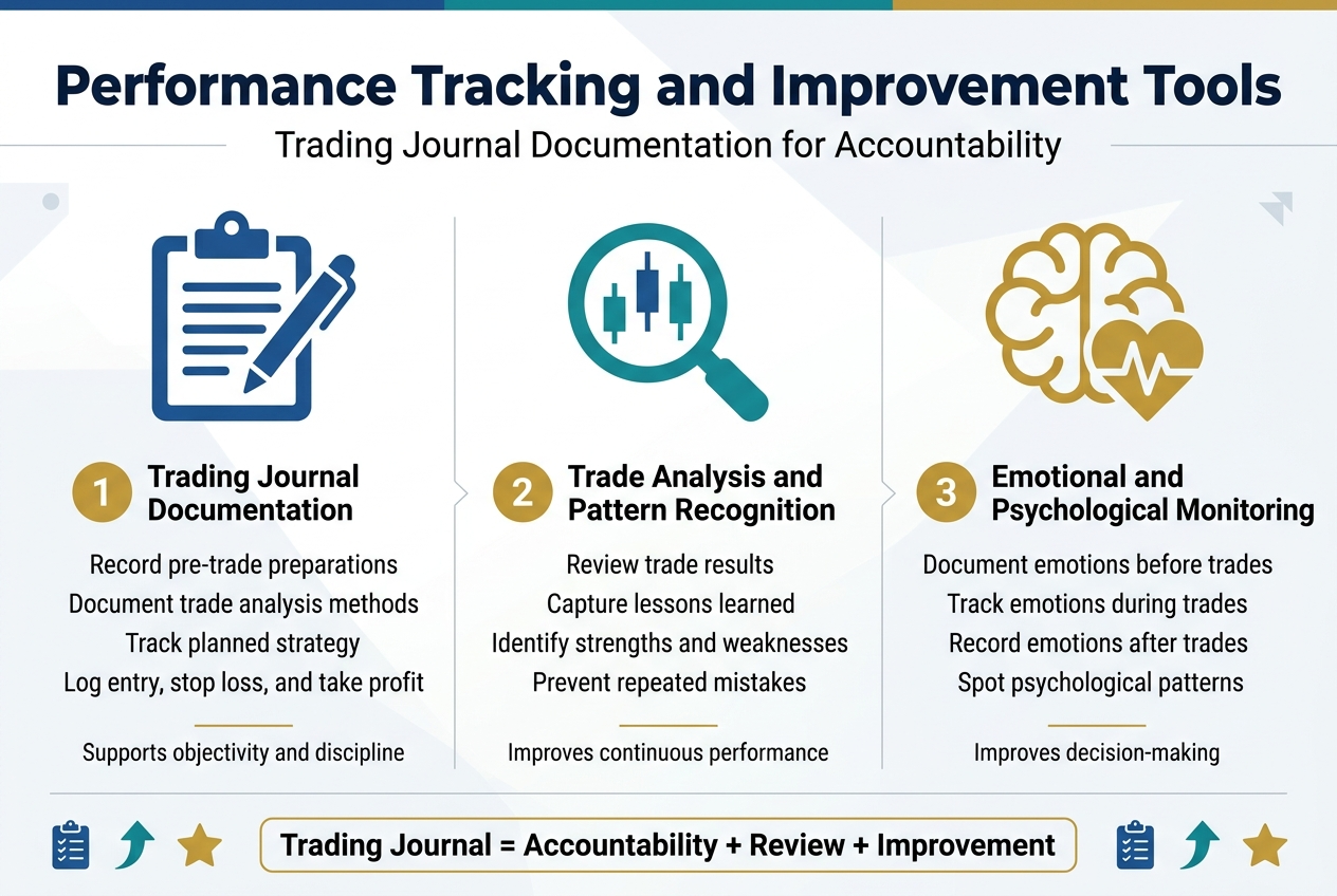 Create a clean professional infographic in a 3:2 aspect ratio with a full-bleed layout, modern flat vector style, navy blue, teal, white, and gold color palette, strong visual hierarchy, and crisp sans-serif typography.
Top header across the full width:
Bold title text: "Performance Tracking and Improvement Tools"
Subtitle beneath in smaller text: "Trading Journal Documentation for Accountability"
Main layout: three wide horizontal sections or three side-by-side content blocks across the center, each with a large icon, numbered label, and short explanatory text. Use clear spacing, subtle dividers, and balanced alignment. Avoid a narrow centered poster layout.
Section 1 on the left:
Large blue clipboard and pen icon.
Number label in a gold circle: "1"
Heading text: "Trading Journal Documentation"
Body text:
"Record pre-trade preparations"
"Document trade analysis methods"
"Track planned strategy"
"Log entry, stop loss, and take profit"
Small footer line: "Supports objectivity and discipline"
Section 2 in the center:
Large teal magnifying glass over candlestick chart icon.
Number label in a gold circle: "2"
Heading text: "Trade Analysis and Pattern Recognition"
Body text:
"Review trade results"
"Capture lessons learned"
"Identify strengths and weaknesses"
"Prevent repeated mistakes"
Small footer line: "Improves continuous performance"
Section 3 on the right:
Large gold brain and heartbeat emotion icon.
Number label in a gold circle: "3"
Heading text: "Emotional and Psychological Monitoring"
Body text:
"Document emotions before trades"
"Track emotions during trades"
"Record emotions after trades"
"Spot psychological patterns"
Small footer line: "Improves decision-making"
Add a slim bottom band spanning the width with a highlighted callout box:
Bold text: "Trading Journal = Accountability + Review + Improvement"
Include small supporting icons: checklist, upward arrow, and star.
Use a clean white or very light gray background with subtle geometric accents, strong contrast, evenly aligned blocks, and professional infographic styling.