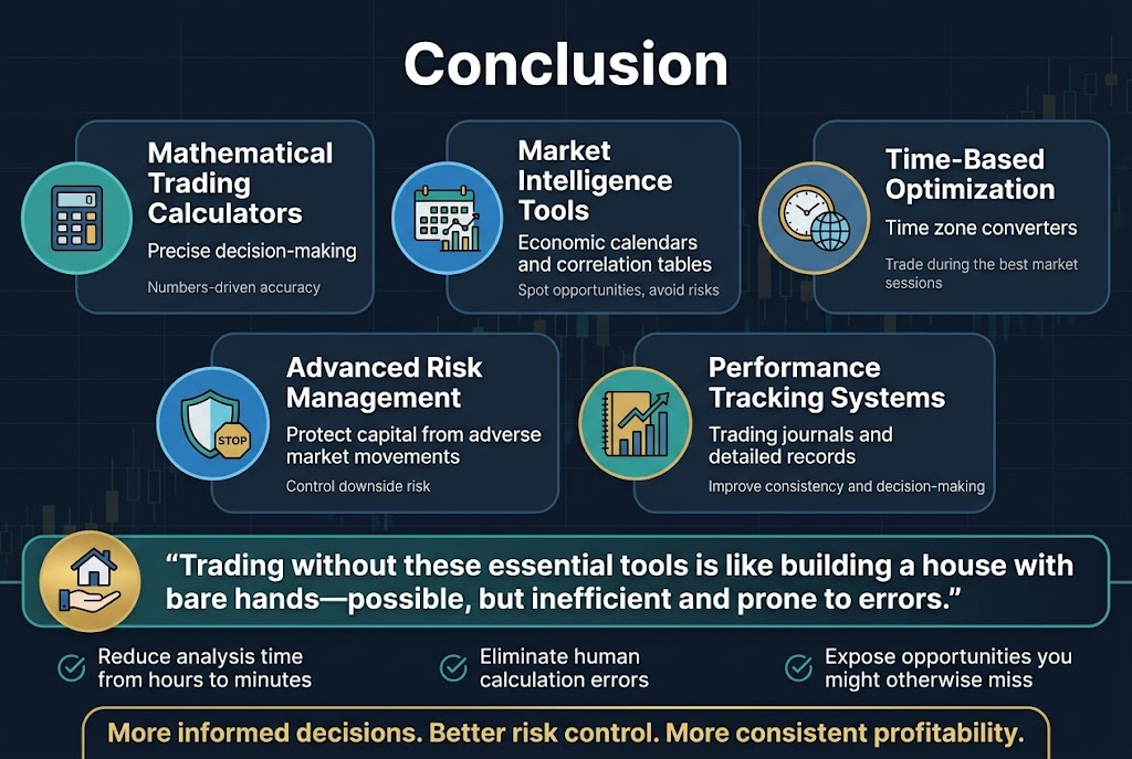 Aspect ratio 3:2, full-bleed professional infographic, clean modern finance style, dark navy background with teal, blue, gold, and white accents, subtle grid and market-line texture, crisp sans-serif fonts.
Top center large bold heading in white: "Conclusion"
Below the heading, arrange five wide rounded rectangular sections in a 3-over-2 layout across the canvas, each with a colored circular icon on the left and short text on the right:
1) Top left section with a calculator icon:
Title in bold: "Mathematical Trading Calculators"
Body text: "Precise decision-making"
Small subtext: "Numbers-driven accuracy"
2) Top center section with an economic calendar and chart icon:
Title in bold: "Market Intelligence Tools"
Body text: "Economic calendars and correlation tables"
Small subtext: "Spot opportunities, avoid risks"
3) Top right section with a clock and globe icon:
Title in bold: "Time-Based Optimization"
Body text: "Time zone converters"
Small subtext: "Trade during the best market sessions"
4) Bottom left section with a shield and stop-loss icon:
Title in bold: "Advanced Risk Management"
Body text: "Protect capital from adverse market movements"
Small subtext: "Control downside risk"
5) Bottom right section with a journal and upward chart icon:
Title in bold: "Performance Tracking Systems"
Body text: "Trading journals and detailed records"
Small subtext: "Improve consistency and decision-making"
Across the lower third, a wide highlighted banner with a house-and-hand icon on the left and bold quote text in white:
"Trading without these essential tools is like building a house with bare hands—possible, but inefficient and prone to errors."
At the very bottom, a compact three-point benefits strip with checkmark icons:
"Reduce analysis time from hours to minutes"
"Eliminate human calculation errors"
"Expose opportunities you might otherwise miss"
End with a final bold line centered in a gold accent box:
"More informed decisions. Better risk control. More consistent profitability."