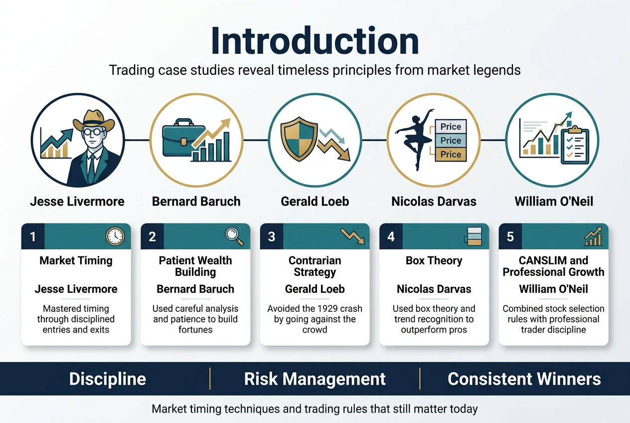 Create a clean professional infographic illustration in a 3:2 landscape full-bleed layout, with a modern finance color palette of deep navy, teal, gold, white, and light gray. Use bold sans-serif typography, strong hierarchy, and wide horizontal sections with clear spacing.
TOP BANNER:
Place a bold large title at the top center: "Introduction"
Directly below in smaller subtitle text: "Trading case studies reveal timeless principles from market legends"
CENTER VISUAL:
Across the upper-middle area, place a wide horizontal row of 5 circular portrait-style icons or illustrated trader symbols connected by a thin line:
1. A chart arrow and cowboy hat icon labeled "Jesse Livermore"
2. A briefcase and rising chart icon labeled "Bernard Baruch"
3. A shield and downward market arrow icon labeled "Gerald Loeb"
4. A dancer silhouette beside a stack of boxed price levels icon labeled "Nicolas Darvas"
5. A stock chart with a CANSLIM checklist icon labeled "William O'Neil"
MAIN CONTENT SECTIONS:
Below the visual row, divide the infographic into 5 evenly spaced horizontal or grid blocks with numbered headers and small icons, each in a clean card with subtle shadows:
1. "Market Timing"
Include a clock icon and text: "Jesse Livermore"
Smaller line: "Mastered timing through disciplined entries and exits"
2. "Patient Wealth Building"
Include a magnifying glass icon and text: "Bernard Baruch"
Smaller line: "Used careful analysis and patience to build fortunes"
3. "Contrarian Strategy"
Include a downtrend-to-uptrend arrow icon and text: "Gerald Loeb"
Smaller line: "Avoided the 1929 crash by going against the crowd"
4. "Box Theory"
Include a stacked price box icon and text: "Nicolas Darvas"
Smaller line: "Used box theory and trend recognition to outperform pros"
5. "CANSLIM and Professional Growth"
Include a checklist and upward chart icon and text: "William O'Neil"
Smaller line: "Combined stock selection rules with professional trader discipline"
BOTTOM STRIP:
Add a wide footer strip across the bottom with three bold takeaway callouts separated by vertical dividers:
"Discipline"
"Risk Management"
"Consistent Winners"
Under the footer strip, add a final small closing line centered: "Market timing techniques and trading rules that still matter today"
STYLE:
Use crisp vector infographic style, clean lines, subtle gradients, minimal shadows, financial charts and arrows as accents, high readability, balanced composition, no poster frame, no narrow vertical stack.