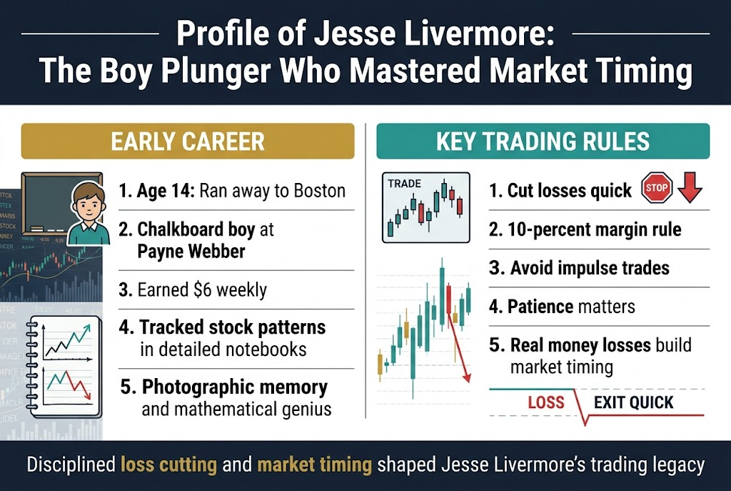 Create a full-bleed 3:2 landscape infographic with a clean professional layout, wide horizontal sections, and no poster frame. Use a dark navy, white, teal, and gold color palette with crisp sans-serif typography. Place a bold title across the top center in large white text: "Profile of Jesse Livermore: The Boy Plunger Who Mastered Market Timing"
Below the title, arrange two large side-by-side content blocks across the width of the canvas.
LEFT BLOCK: "EARLY CAREER"
Use a gold header bar with white text. Show a small illustrated icon of a 14-year-old boy beside a chalkboard and stock ticker tape. Add a short numbered list with bold lead-in words:
1. "Age 14: Ran away to Boston"
2. "Chalkboard boy at Payne Webber"
3. "Earned $6 weekly"
4. "Tracked stock patterns in detailed notebooks"
5. "Photographic memory and mathematical genius"
Include a notebook icon with hand-drawn price charts and upward/downward stock lines. Add subtle background elements of market graphs and ticker symbols.
RIGHT BLOCK: "KEY TRADING RULES"
Use a teal header bar with white text. Show a stop-sign icon and a red downward arrow symbol next to a trade chart. Add a short numbered list with bold lead-in words:
1. "Cut losses quick"
2. "10-percent margin rule"
3. "Avoid impulse trades"
4. "Patience matters"
5. "Real money losses build market timing"
Place a small horizontal mini-chart beneath the rules showing a sharp loss cut line, with labels "LOSS" and "EXIT QUICK".
Along the bottom, add a dark navy footer strip with a concise takeaway in white and gold text: "Disciplined loss cutting and market timing shaped Jesse Livermore's trading legacy"
Use clean spacing, clear section dividers, thin white lines, and simple icons. Keep all text sharp, legible, and evenly aligned. Full-bleed composition, wide layout, modern editorial infographic style.