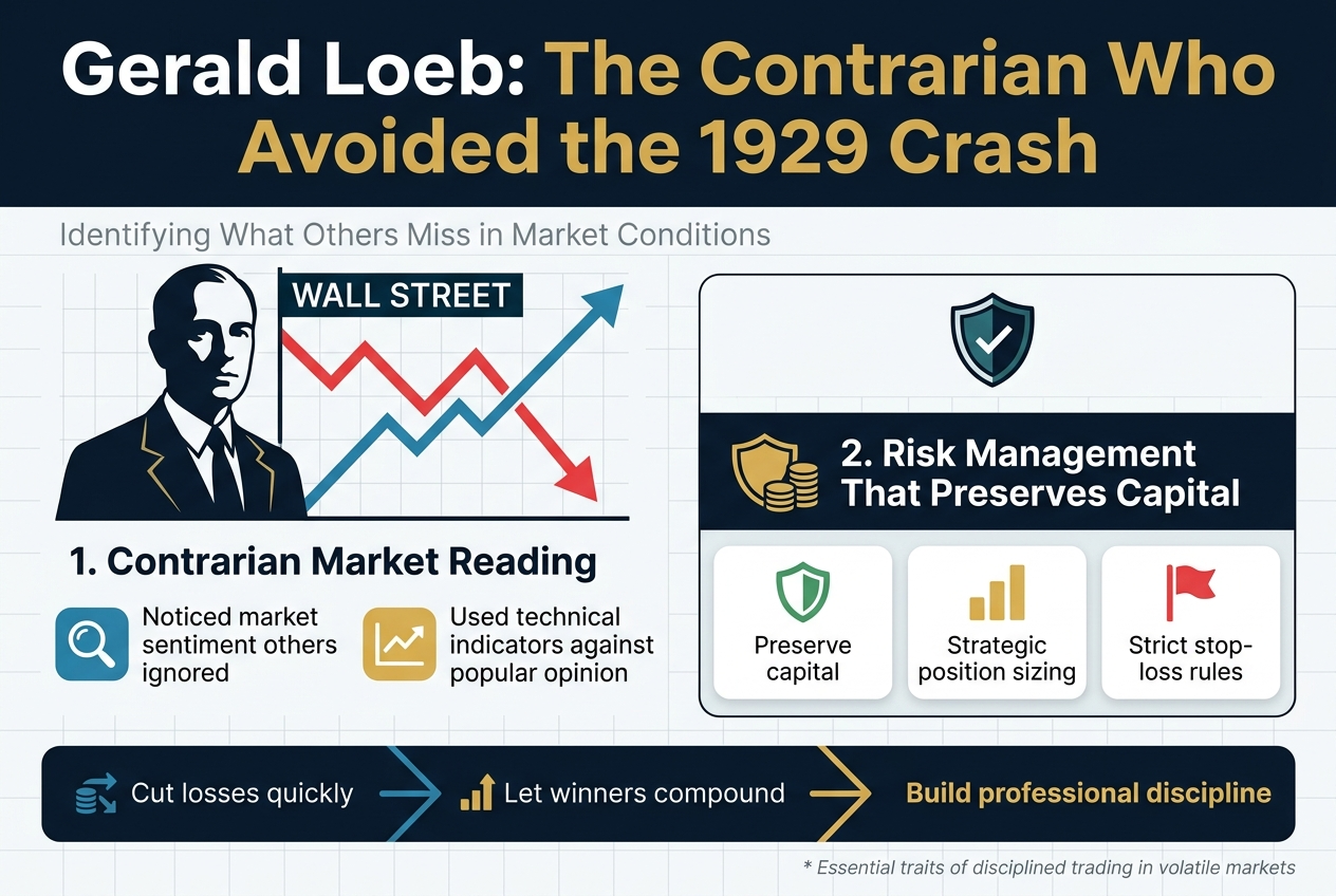 Create a full-bleed professional infographic illustration in a 3:2 aspect ratio with a clean modern editorial style, dark navy and white base, accents of gold and teal, crisp sans-serif typography, strong hierarchy, and wide horizontal section layouts.
Top header area across the full width:
Large bold title in white and gold: "Gerald Loeb: The Contrarian Who Avoided the 1929 Crash"
Small subtitle beneath in light gray: "Identifying What Others Miss in Market Conditions"
Center-left main section:
A large illustrated silhouette of Gerald Loeb in a suit beside a stylized Wall Street market chart, with a red downward crash line avoided by a blue upward-cautious trend line.
Add a bold section label: "1. Contrarian Market Reading"
Add two short bullet blocks with icons:
- Blue magnifying glass icon next to: "Noticed market sentiment others ignored"
- Gold line-chart icon next to: "Used technical indicators against popular opinion"
Center-right main section:
A second block with a shield icon and a stack of coins graphic, titled: "2. Risk Management That Preserves Capital"
Include three horizontally arranged mini-cards with icons:
- Green shield icon: "Preserve capital"
- Yellow position-size bars icon: "Strategic position sizing"
- Red stop-loss flag icon: "Strict stop-loss rules"
Bottom wide strip across the full width:
A simple three-step flow with arrows and small icons:
"Cut losses quickly" → "Let winners compound" → "Build professional discipline"
Use a blue and gold color flow, with the last step highlighted in bold.
Add a small footer note at the bottom right in light gray: "Essential traits of disciplined trading in volatile markets"
Use clear section dividers, balanced spacing, strong contrast, subtle grid background, and polished financial infographic styling.