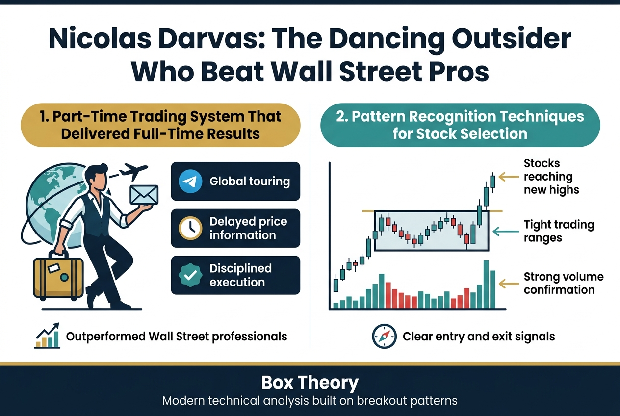Full-bleed professional infographic in a 3:2 aspect ratio, wide horizontal layout, clean modern finance style, dark navy and white background with teal, gold, and red accents, bold sans-serif typography.
Top center: large bold heading in white text, "Nicolas Darvas: The Dancing Outsider Who Beat Wall Street Pros"
Below the heading, create two wide side-by-side content sections across the canvas:
Left section, labeled with a gold rounded header bar: "1. Part-Time Trading System That Delivered Full-Time Results"
- Place a large illustration of a professional dancer on the left side, holding a suitcase and a telegram message, with a globe and flight path line behind him.
- Add three stacked bullet blocks to the right of the dancer icon with small visual markers:
- A blue telegram icon next to the text "Global touring"
- A clock icon next to the text "Delayed price information"
- A checkmark icon next to the text "Disciplined execution"
- Add a small upward profit chart icon near the bottom of this section with the text "Outperformed Wall Street professionals"
Right section, labeled with a teal rounded header bar: "2. Pattern Recognition Techniques for Stock Selection"
- Place a stylized stock chart with a breakout box pattern at the center of the section, showing price candles or line movement inside a rectangular range, then breaking upward with volume bars increasing below.
- Add three labeled callouts with thin arrows pointing to the chart:
- A resistance line marker with the text "Stocks reaching new highs"
- A boxed range marker with the text "Tight trading ranges"
- A volume spike marker with the text "Strong volume confirmation"
- Add a small compass or scanning icon near the bottom with the text "Clear entry and exit signals"
Bottom full-width footer band in dark navy with a thin gold line across the top:
- Centered short statement in white text: "Box Theory"
- Beneath it in smaller text: "Modern technical analysis built on breakout patterns"
Use crisp vector shapes, high contrast, balanced spacing, and clear hierarchy. Place all text exactly as written, with no extra words.