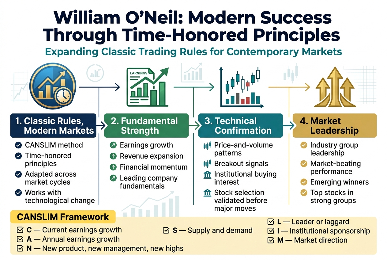 3:2 aspect ratio, full-bleed professional infographic on a clean white background with deep navy, teal, gold, and red accents, modern sans-serif typography, bold hierarchy, crisp vector icons, no borders or poster frame.
Top header across the full width: large bold title text in dark navy, "William O'Neil: Modern Success Through Time-Honored Principles"
Directly beneath it, smaller teal subtitle text, "Expanding Classic Trading Rules for Contemporary Markets"
Below the header, create a wide 4-section horizontal infographic layout with connected arrows or thin lines, using rectangular blocks and clear icons:
Left section: a blue and gold circular icon of a rising stock chart and clock. Heading text: "1. Classic Rules, Modern Markets". Body text in short bullets:
"CANSLIM method"
"Time-honored principles"
"Adapted across market cycles"
"Works with technological change"
Center-left section: a green icon combining a bar chart, earnings report, and upward arrow. Heading text: "2. Fundamental Strength". Body text:
"Earnings growth"
"Revenue expansion"
"Financial momentum"
"Leading company fundamentals"
Center-right section: a teal icon showing a price chart with candlesticks and volume bars. Heading text: "3. Technical Confirmation". Body text:
"Price-and-volume patterns"
"Breakout signals"
"Institutional buying interest"
"Stock selection validated before major moves"
Right section: a gold icon of three ascending arrows grouped together. Heading text: "4. Market Leadership". Body text:
"Industry group leadership"
"Market-beating performance"
"Emerging winners"
"Top stocks in strong groups"
Along the bottom, add a wide highlighted banner with a bold label and simple checklist icons:
"CANSLIM Framework"
"C — Current earnings growth"
"A — Annual earnings growth"
"N — New product, new management, new highs"
"S — Supply and demand"
"L — Leader or laggard"
"I — Institutional sponsorship"
"M — Market direction"
Use clear spacing, aligned columns, subtle chart/grid background accents, strong contrast, and a polished finance-editorial style. Include small checkmarks, upward arrows, candlestick symbols, and institutional building icons beside relevant bullets.