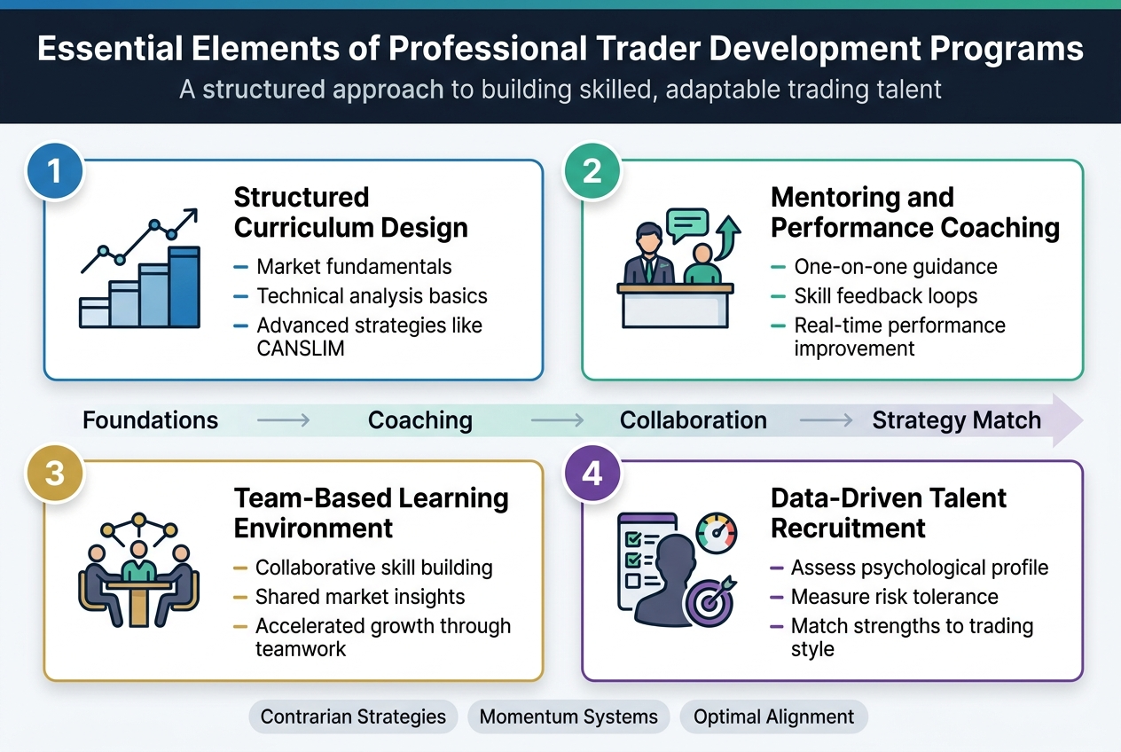 Create a clean, professional full-bleed infographic illustration in a 3:2 aspect ratio, with a modern dark navy, teal, white, and gold color palette, subtle gradients, crisp lines, and sans-serif typography.
Top header across the full width:
Large bold title text: "Essential Elements of Professional Trader Development Programs"
Smaller subtitle beneath: "A structured approach to building skilled, adaptable trading talent"
Main layout: a wide 2x2 grid of four evenly spaced horizontal section cards across the center and lower area, each with a numbered circle, a clear icon, a bold section heading, and 2–3 short bullet lines. Use strong visual hierarchy, generous spacing, and clean alignment.
Section 1, upper left card:
Blue circular number badge "1"
Icon: a roadmap with ascending steps and a small chart line
Heading: "Structured Curriculum Design"
Bullets:
"Market fundamentals"
"Technical analysis basics"
"Advanced strategies like CANSLIM"
Section 2, upper right card:
Green circular number badge "2"
Icon: a mentor and trader at a desk with a speech bubble and upward arrow
Heading: "Mentoring and Performance Coaching"
Bullets:
"One-on-one guidance"
"Skill feedback loops"
"Real-time performance improvement"
Section 3, lower left card:
Gold circular number badge "3"
Icon: three people around a table with connected nodes
Heading: "Team-Based Learning Environment"
Bullets:
"Collaborative skill building"
"Shared market insights"
"Accelerated growth through teamwork"
Section 4, lower right card:
Purple circular number badge "4"
Icon: a profile silhouette with a checklist, gauge, and target
Heading: "Data-Driven Talent Recruitment"
Bullets:
"Assess psychological profile"
"Measure risk tolerance"
"Match strengths to trading style"
Include a slim connecting visual band or faint arrow flow across the center showing progression from left to right: "Foundations" → "Coaching" → "Collaboration" → "Strategy Match"
Add a small bottom summary strip spanning the width with three compact tags:
"Contrarian Strategies"
"Momentum Systems"
"Optimal Alignment"
Use clean white card backgrounds with colored accent borders, minimal shadows, sharp iconography, and balanced spacing. No extra text beyond the specified words.