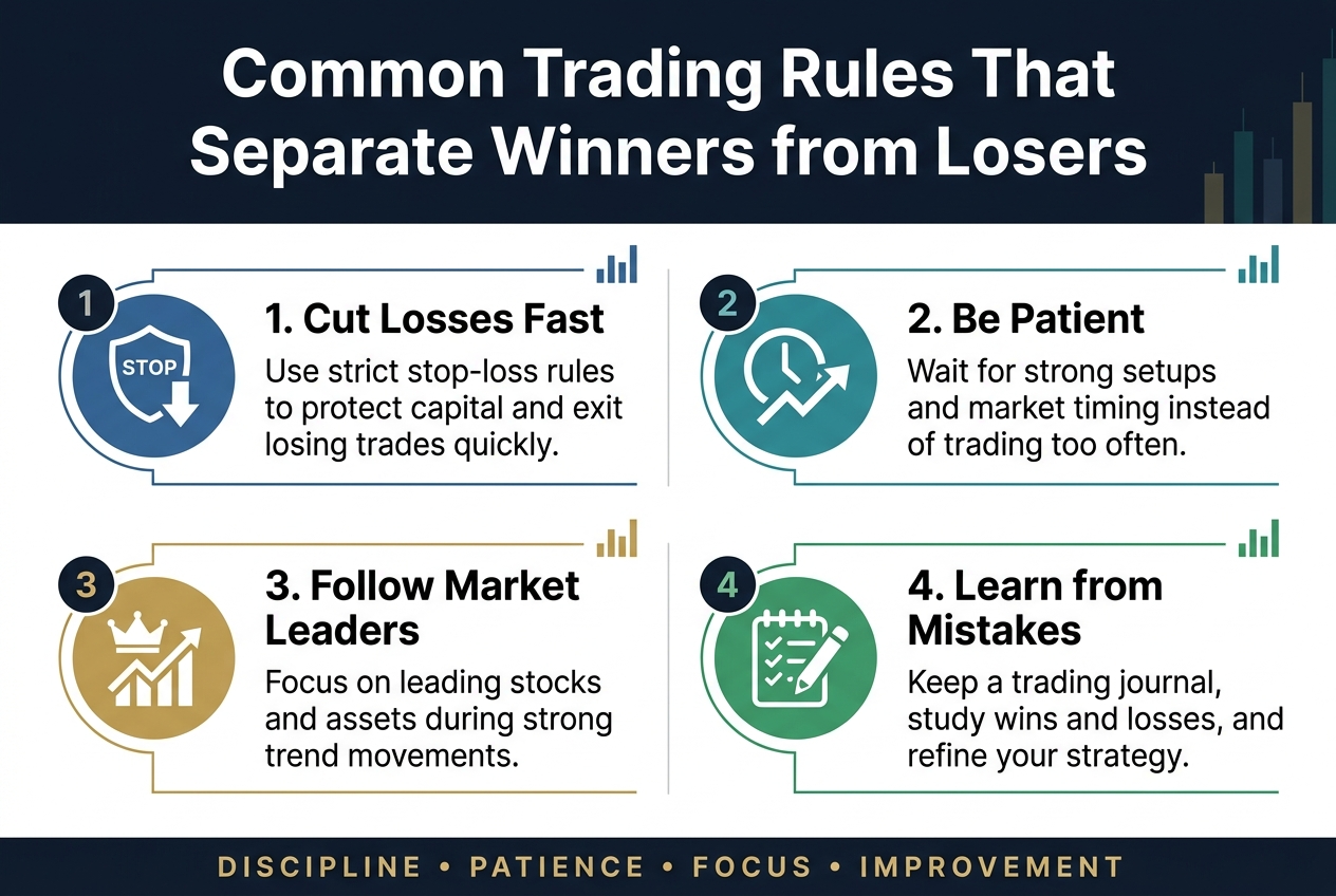 Create a clean professional infographic in a 3:2 aspect ratio with a full-bleed layout and no frame. Use a dark navy and white background with gold and teal accent colors, modern sans-serif fonts, and strong visual hierarchy.
Top center: a bold large title in white text, "Common Trading Rules That Separate Winners from Losers".
Below the title, arrange four wide horizontal sections in a 2x2 grid across the canvas, with clear spacing and thin divider lines. Each section has a numbered circle on the left, a colored icon, a short bold subheading, and one concise supporting sentence.
Section 1, top left:
Blue circular icon with a stop-loss shield and downward arrow.
Bold subheading text: "1. Cut Losses Fast"
Body text: "Use strict stop-loss rules to protect capital and exit losing trades quickly."
Section 2, top right:
Teal circular icon with a clock and upward trend line.
Bold subheading text: "2. Be Patient"
Body text: "Wait for strong setups and market timing instead of trading too often."
Section 3, bottom left:
Gold circular icon with a crown and rising chart.
Bold subheading text: "3. Follow Market Leaders"
Body text: "Focus on leading stocks and assets during strong trend movements."
Section 4, bottom right:
Green circular icon with a notebook, pencil, and check marks.
Bold subheading text: "4. Learn from Mistakes"
Body text: "Keep a trading journal, study wins and losses, and refine your strategy."
Add a small bottom banner across the width with the text in uppercase: "DISCIPLINE • PATIENCE • FOCUS • IMPROVEMENT". Use clean spacing, crisp lines, subtle chart accents, and a polished financial editorial style.