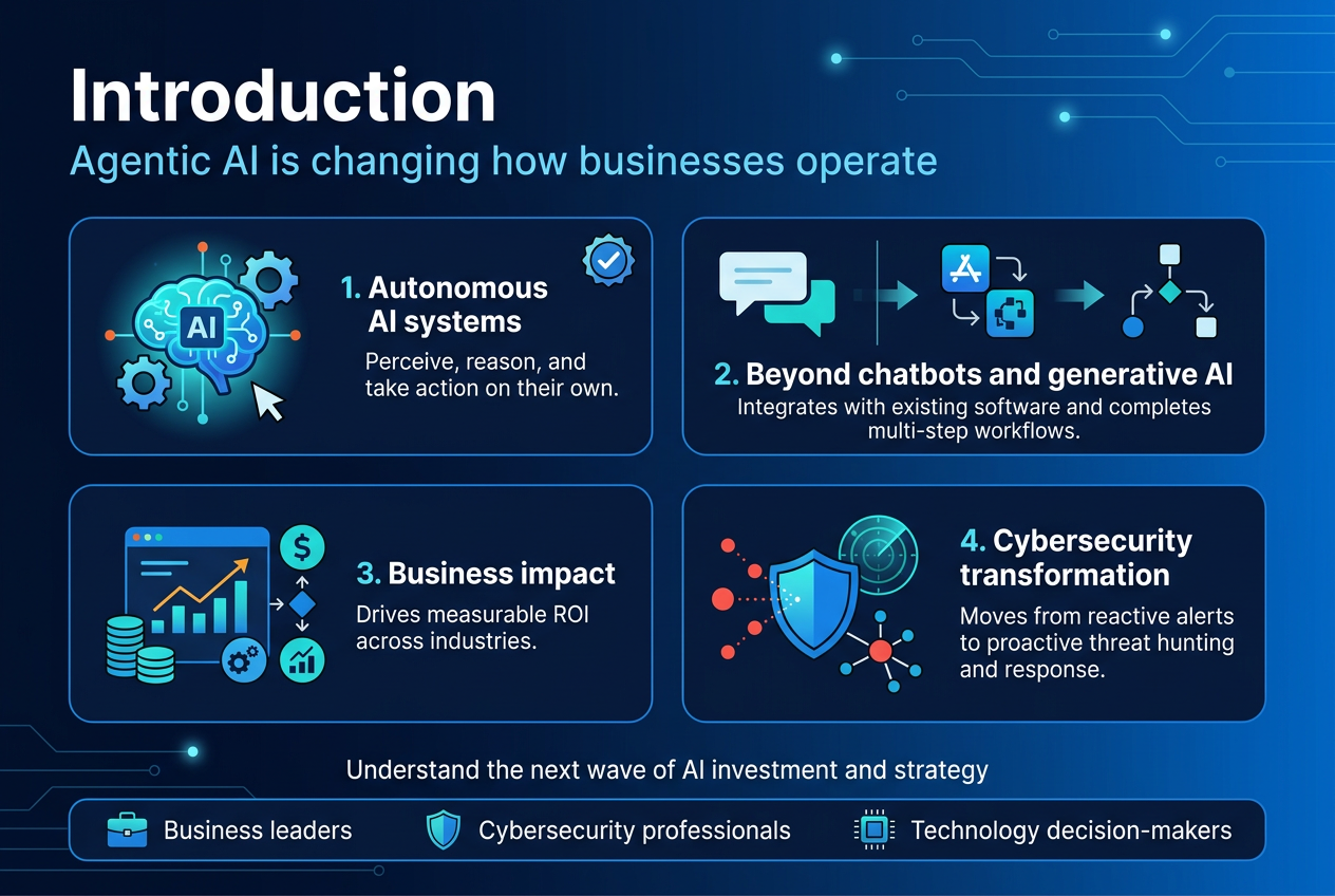 Aspect ratio 3:2, full-bleed professional infographic on a clean dark navy-to-blue gradient background with subtle circuit ხაზes and glowing node accents. Large bold heading at the top left in white: "Introduction". Beneath it, a short subtitle in light blue: "Agentic AI is changing how businesses operate". Use a modern sans-serif font, strong hierarchy, crisp vector style, high contrast, corporate tech aesthetic.Create a wide horizontal layout with four rounded rectangular content blocks across the center and lower half, each with a distinct icon, numbered label, and short text. Use blue, teal, cyan, and white with small orange accent highlights.Block 1 on the upper-left: a glowing autonomous AI brain icon with connected gears and a small cursor. Text: "1. Autonomous AI systems" and below it "Perceive, reason, and take action on their own." Include a small checkmark badge.Block 2 on the upper-right: a split visual showing a simple chat bubble on the left and a connected workflow automation diagram on the right. Text: "2. Beyond chatbots and generative AI" and below it "Integrates with existing software and completes multi-step workflows." Include arrows moving through app icons.Block 3 on the lower-left: a business dashboard icon with a rising chart, stacked coins, and a decision node. Text: "3. Business impact" and below it "Drives measurable ROI across industries." Add small icons for finance, operations, and analytics.Block 4 on the lower-right: a shield, radar scan, and threat node network. Text: "4. Cybersecurity transformation" and below it "Moves from reactive alerts to proactive threat hunting and response." Show red threat dots being intercepted by a blue shield.Add a slim horizontal banner near the bottom spanning the width with three audience icons and labels: a briefcase icon with "Business leaders", a shield icon with "Cybersecurity professionals", and a microchip icon with "Technology decision-makers". Above the banner, include a short line of text centered: "Understand the next wave of AI investment and strategy"Use clear spacing, aligned grids, rounded corners, subtle glow effects, and minimal shadows. No decorative borders or poster frame. Keep all text legible and exactly as written.