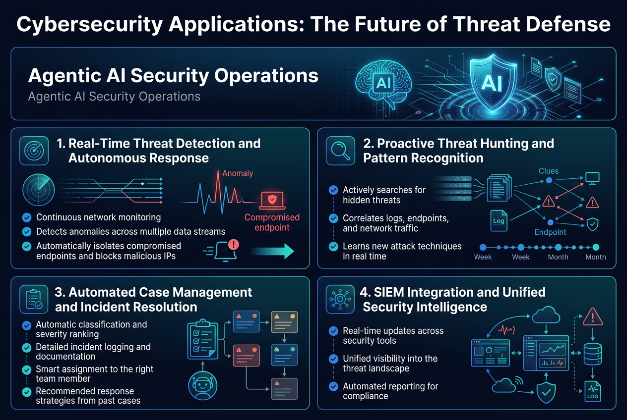 Create a full-bleed professional cybersecurity infographic in aspect ratio 3:2 with a dark navy-to-black gradient background, neon blue and teal accents, white text, and subtle grid and network-node patterns. Use a clean modern sans-serif font with strong hierarchy. Place a bold large title across the top: "Cybersecurity Applications: The Future of Threat Defense".Arrange the infographic in four wide horizontal sections or a 2x2 grid of large panels, not a narrow vertical stack. Use clear numbered headings, each with a distinct icon and visual symbols.Top section: a wide hero banner with a glowing shield, AI brain, and network lines. Include the subtitle in smaller text: "Agentic AI Security Operations".Section 1 on the left: a panel titled "1. Real-Time Threat Detection and Autonomous Response" with a radar icon, network traffic lines, anomaly spikes, and a highlighted compromised endpoint. Add three short bullets:
"Continuous network monitoring"
"Detects anomalies across multiple data streams"
"Automatically isolates compromised endpoints and blocks malicious IPs"
Include a small alert notification icon and a fast-response arrow.Section 2 on the right: a panel titled "2. Proactive Threat Hunting and Pattern Recognition" with a magnifying glass icon, layered data streams, log files, endpoint symbols, and connection lines linking scattered clues. Add three short bullets:
"Actively searches for hidden threats"
"Correlates logs, endpoints, and network traffic"
"Learns new attack techniques in real time"
Show a timeline of connected dots across weeks and months.Bottom left section: a panel titled "3. Automated Case Management and Incident Resolution" with a clipboard, ticket workflow, and AI assistant icon. Show incident cards moving through stages. Add four short bullets:
"Automatic classification and severity ranking"
"Detailed incident logging and documentation"
"Smart assignment to the right team member"
"Recommended response strategies from past cases"Bottom right section: a panel titled "4. SIEM Integration and Unified Security Intelligence" with connected dashboard screens, cloud, server, and log icons. Show synchronized alert lines and reporting symbols. Add three short bullets:
"Real-time updates across security tools"
"Unified visibility into the threat landscape"
"Automated reporting for compliance"Include small labels and visual markers such as checkmarks, warning triangles, shields, and data pulses beside each bullet. Use blue, teal, cyan, and subtle red highlights for alerts. Keep the layout balanced, polished, and enterprise-tech styled, with clear spacing and strong contrast.