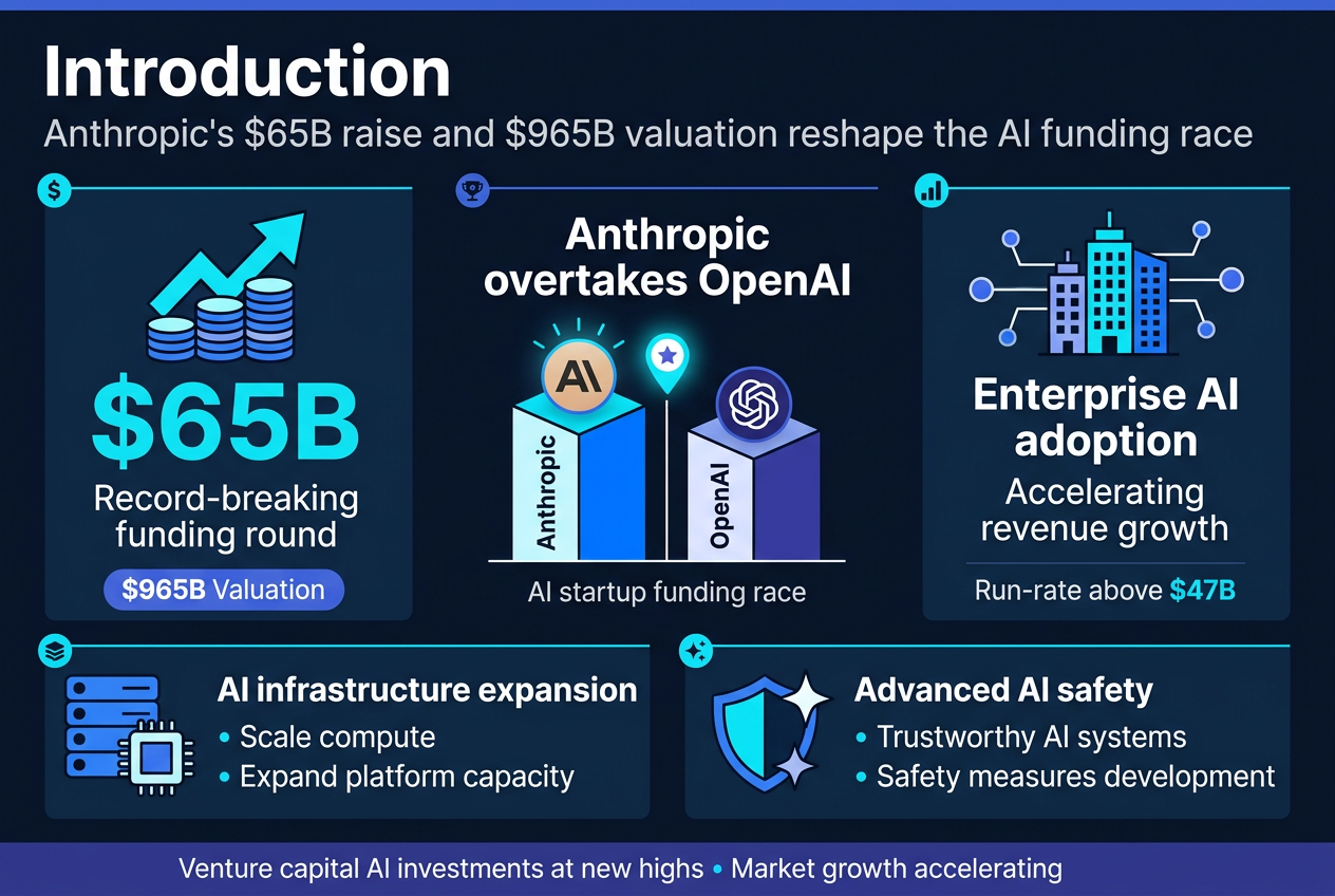 Create a clean, modern infographic illustration in a 3:2 aspect ratio with a full-bleed layout, no poster frame, no inset margins, and a wide horizontal composition with multiple sections instead of a narrow vertical stack. Use a professional fintech/tech style with a dark navy background, bright cyan, electric blue, white, and subtle purple accents. Use bold sans-serif typography, strong hierarchy, crisp vector shapes, and minimal gradients.Top header spanning the width:
Large bold title text: "Introduction"
Subtitle below in smaller text: "Anthropic's $65B raise and $965B valuation reshape the AI funding race"Main content arranged in four wide blocks across the canvas with icons and clear labels:Left top block:
A large upward funding icon with stacked coins and an arrow.
Big metric text: "$65B"
Supporting text: "Record-breaking funding round"
Small label badge: "$965B Valuation"Center top block:
A competitive race graphic with two side-by-side AI company pillars, one labeled "Anthropic" and one labeled "OpenAI", with Anthropic slightly ahead and a glowing leader marker.
Headline text: "Anthropic overtakes OpenAI"
Small caption: "AI startup funding race"Right top block:
An enterprise growth panel with a city/building network icon and connected nodes.
Headline text: "Enterprise AI adoption"
Supporting text: "Accelerating revenue growth"
Small metric line: "Run-rate above $47B"Bottom wide block split into two equal sections:
Left section with a server stack and chip icon.
Heading text: "AI infrastructure expansion"
Bullet points:
"Scale compute"
"Expand platform capacity"Right section with a shield and spark icon.
Heading text: "Advanced AI safety"
Bullet points:
"Trustworthy AI systems"
"Safety measures development"Add a thin bottom ribbon across the width with small investor/market text:
"Venture capital AI investments at new highs"
"Market growth accelerating"Use clear visual hierarchy, bold numbers, clean alignment, subtle dividers, and icon markers for each section. Keep all text exact and readable.