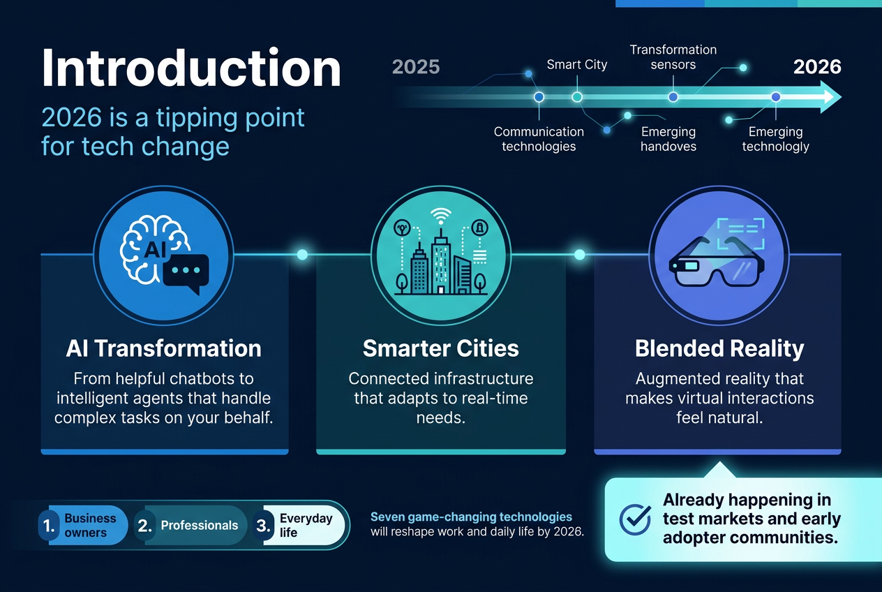 Create a full-bleed horizontal infographic in a 3:2 aspect ratio, modern clean professional style, using a deep navy, electric blue, teal, and white color palette with subtle cyan gradients and soft glow accents. Use bold sans-serif typography with clear hierarchy.Top left: large bold heading in white text, "Introduction". Directly beneath it, smaller subtitle text in light blue: "2026 is a tipping point for tech change".Top center across the width: a slim timeline bar labeled "2025" on the left and "2026" on the right, with a bright arrow moving forward and small glowing nodes connecting emerging technologies.Main center area: three wide horizontal content blocks arranged left to right, each with a large icon and short text.Left block: a futuristic AI brain and chat bubble icon in a blue circle. Title text: "AI Transformation". Body text: "From helpful chatbots to intelligent agents that handle complex tasks on your behalf."Middle block: a smart city skyline icon with connected sensors, buildings, and data lines in a teal circle. Title text: "Smarter Cities". Body text: "Connected infrastructure that adapts to real-time needs."Right block: overlapping AR glasses and digital overlay icon in a purple-blue circle. Title text: "Blended Reality". Body text: "Augmented reality that makes virtual interactions feel natural."Bottom left: a numbered callout strip with three compact badges and text: "1. Business owners", "2. Professionals", "3. Everyday life". Bottom center small text: "Seven game-changing technologies will reshape work and daily life by 2026."Bottom right: a highlighted callout box with a checkmark icon and bold text: "Already happening in test markets and early adopter communities."Use strong visual separation with thin glowing dividers, balanced spacing, and wide layout composition with no centered vertical stack. Include crisp icons, clean edges, subtle network lines, and polished tech infographic styling.