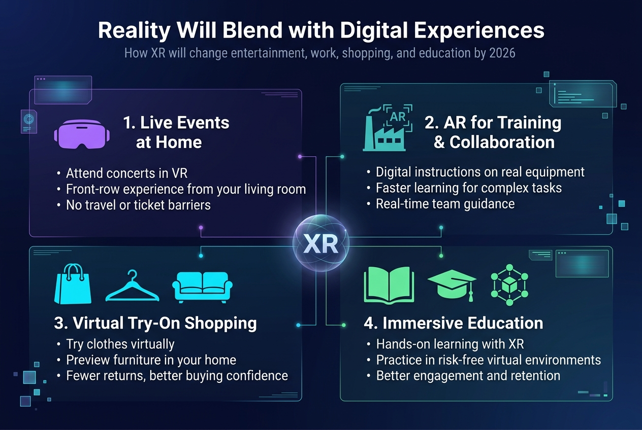Create a clean, modern full-bleed infographic illustration in a 3:2 aspect ratio with a dark navy-to-indigo gradient background, neon cyan, purple, and teal accent colors, crisp white text, and subtle glowing digital lines and nodes. Use a wide horizontal layout with a bold title at the top center: "Reality Will Blend with Digital Experiences". Place a small subtitle beneath it in lighter text: "How XR will change entertainment, work, shopping, and education by 2026".Arrange four large content blocks in a 2x2 grid across the center and lower area, each with a numbered circle, a distinct icon, a short heading, and 2–3 concise bullet lines. Use clean sans-serif fonts, strong hierarchy, and clear spacing.Top-left block: a purple VR headset icon and the heading "1. Live Events at Home". Include bullet text: "Attend concerts in VR", "Front-row experience from your living room", "No travel or ticket barriers".Top-right block: a teal factory/workplace icon with AR overlay lines and the heading "2. AR for Training & Collaboration". Include bullet text: "Digital instructions on real equipment", "Faster learning for complex tasks", "Real-time team guidance".Bottom-left block: a cyan shopping bag, clothing hanger, and sofa icon set with the heading "3. Virtual Try-On Shopping". Include bullet text: "Try clothes virtually", "Preview furniture in your home", "Fewer returns, better buying confidence".Bottom-right block: a green open book, graduation cap, and 3D science model icon with the heading "4. Immersive Education". Include bullet text: "Hands-on learning with XR", "Practice in risk-free virtual environments", "Better engagement and retention".Add a subtle central glowing XR sphere or mixed-reality visual in the middle where the four blocks visually connect, with thin lines linking each section. Include small decorative interface elements such as holographic panels, scan lines, and floating digital squares. Keep the layout balanced, spacious, professional, and easy to read, with no borders or inset poster frame.