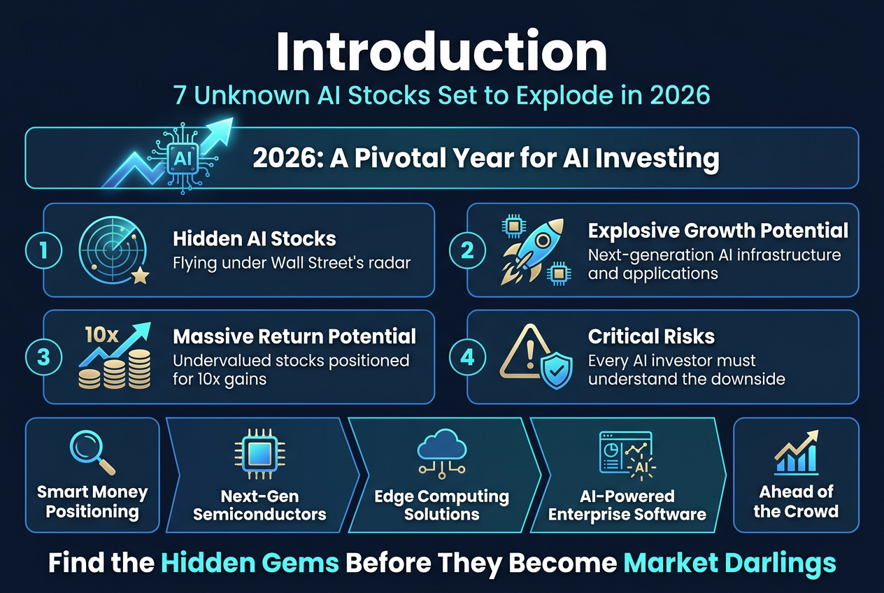 Create a clean, professional full-bleed infographic in a 3:2 aspect ratio with a dark navy background, electric blue and neon cyan accents, white text, and subtle gold highlights. Use bold modern sans-serif typography with strong hierarchy.Top center: large bold heading in white text: "Introduction"
Directly beneath the heading, place a smaller subtitle in light cyan: "7 Unknown AI Stocks Set to Explode in 2026"Across the upper third, place a wide horizontal banner with a glowing upward arrow and AI circuit icon, plus the text: "2026: A Pivotal Year for AI Investing"Middle section: arrange 4 wide horizontal panels or 2x2 blocks with clear icons and numbered labels.Left top panel:
Numbered circle "1"
Icon: radar scan with a small hidden star
Text: "Hidden AI Stocks"
Subtext: "Flying under Wall Street's radar"Right top panel:
Numbered circle "2"
Icon: rocket launch with chip symbols
Text: "Explosive Growth Potential"
Subtext: "Next-generation AI infrastructure and applications"Left bottom panel:
Numbered circle "3"
Icon: stacked coins and a 10x arrow
Text: "Massive Return Potential"
Subtext: "Undervalued stocks positioned for 10x gains"Right bottom panel:
Numbered circle "4"
Icon: warning triangle and shield
Text: "Critical Risks"
Subtext: "Every AI investor must understand the downside"Bottom section: a wide horizontal roadmap strip with three connected blocks and icons.Block 1:
Icon: semiconductor chip
Text: "Next-Gen Semiconductors"Block 2:
Icon: cloud and edge network nodes
Text: "Edge Computing Solutions"Block 3:
Icon: enterprise dashboard with AI spark
Text: "AI-Powered Enterprise Software"To the lower left, add a compact callout box with a magnifying glass icon and the text: "Smart Money Positioning"
To the lower right, add a compact callout box with a rising chart icon and the text: "Ahead of the Crowd"At the very bottom, include a bold closing line in white with cyan emphasis: "Find the Hidden Gems Before They Become Market Darlings"Use crisp spacing, clean alignment, subtle glow effects, and a polished financial-tech aesthetic. No photo realism, no frame, no border, no centered vertical stack.
