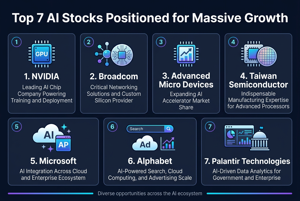 Create a clean, professional full-bleed infographic illustration in a 3:2 aspect ratio with a modern dark navy background, electric blue, cyan, purple, and white accents, using bold sans-serif typography and subtle glow effects.Place a large bold heading across the top: "Top 7 AI Stocks Positioned for Massive Growth"Below the heading, organize the content into seven wide rectangular cards in a 4-over-3 grid layout, spanning the full width of the canvas with no vertical poster framing. Each card should have a numbered circle, a company logo-style icon, a bold company name, and a short subtitle line. Use clear visual hierarchy with the company name in large white text and the subtitle in smaller light gray text.1. Left top card: a blue GPU chip icon. Text: "1. NVIDIA" and "Leading AI Chip Company Powering Training and Deployment"
2. Top row second card: a network node and silicon wafer icon. Text: "2. Broadcom" and "Critical Networking Solutions and Custom Silicon Provider"
3. Top row third card: a rising accelerator chip icon. Text: "3. Advanced Micro Devices" and "Expanding AI Accelerator Market Share"
4. Top row fourth card: a semiconductor fab and wafer icon. Text: "4. Taiwan Semiconductor" and "Indispensable Manufacturing Expertise for Advanced Processors"
5. Bottom row left card: a cloud and enterprise app icon with AI sparkles. Text: "5. Microsoft" and "AI Integration Across Cloud and Enterprise Ecosystem"
6. Bottom row center card: a search bar, cloud, and ad graph icon. Text: "6. Alphabet" and "AI-Powered Search, Cloud Computing, and Advertising Scale"
7. Bottom row right card: a data dashboard and government building icon. Text: "7. Palantir Technologies" and "AI-Driven Data Analytics for Government and Enterprise"Add a slim horizontal accent band near the bottom with small text: "Diverse opportunities across the AI ecosystem"Use crisp spacing, strong alignment, subtle dividers, and polished financial infographic styling. Make the layout wide, balanced, and easy to scan, with each card visually distinct and evenly sized.