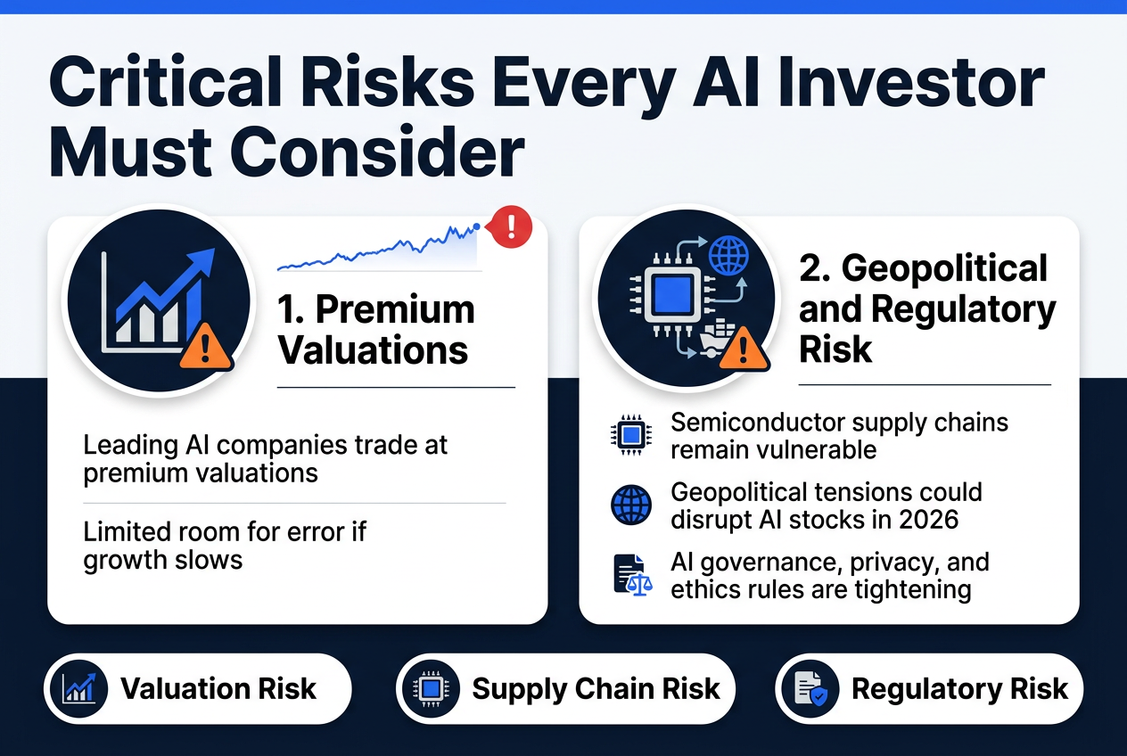 Create a full-bleed professional infographic in a 3:2 aspect ratio with a clean modern corporate style, dark navy and white background, electric blue and warning orange accents, crisp sans-serif typography, strong visual hierarchy, and wide horizontal composition with no vertical poster frame.Top full-width headline, bold and large, centered-left:
"Critical Risks Every AI Investor Must Consider"Below the headline, arrange two wide side-by-side sections across the center of the canvas, each in a clean rounded rectangle panel with subtle shadow.Left panel:
A large circular icon of an upward-trending stock chart with a warning triangle.
Section title in bold:
"1. Premium Valuations"
Subtext in smaller clean text:
"Leading AI companies trade at premium valuations"
"Limited room for error if growth slows"
Include a small visual of a high stock price line near the top edge of the panel and a red caution marker.Right panel:
A large circular icon of a semiconductor chip connected to global shipping routes and a globe, with a tension warning symbol.
Section title in bold:
"2. Geopolitical and Regulatory Risk"
Subtext in smaller clean text:
"Semiconductor supply chains remain vulnerable"
"Geopolitical tensions could disrupt AI stocks in 2026"
"AI governance, privacy, and ethics rules are tightening"
Add small icons beside the three subtext lines: chip, globe, and document with a scale.At the bottom, add a full-width horizontal strip with three compact labeled risk badges separated evenly:
"Valuation Risk"
"Supply Chain Risk"
"Regulatory Risk"
Each badge should have a matching icon: stock chart, chip, shield/document.Use a polished infographic layout with clear spacing, bold section numbers, thin dividers, and high contrast text. Ensure all text is sharp, legible, and exactly as written.