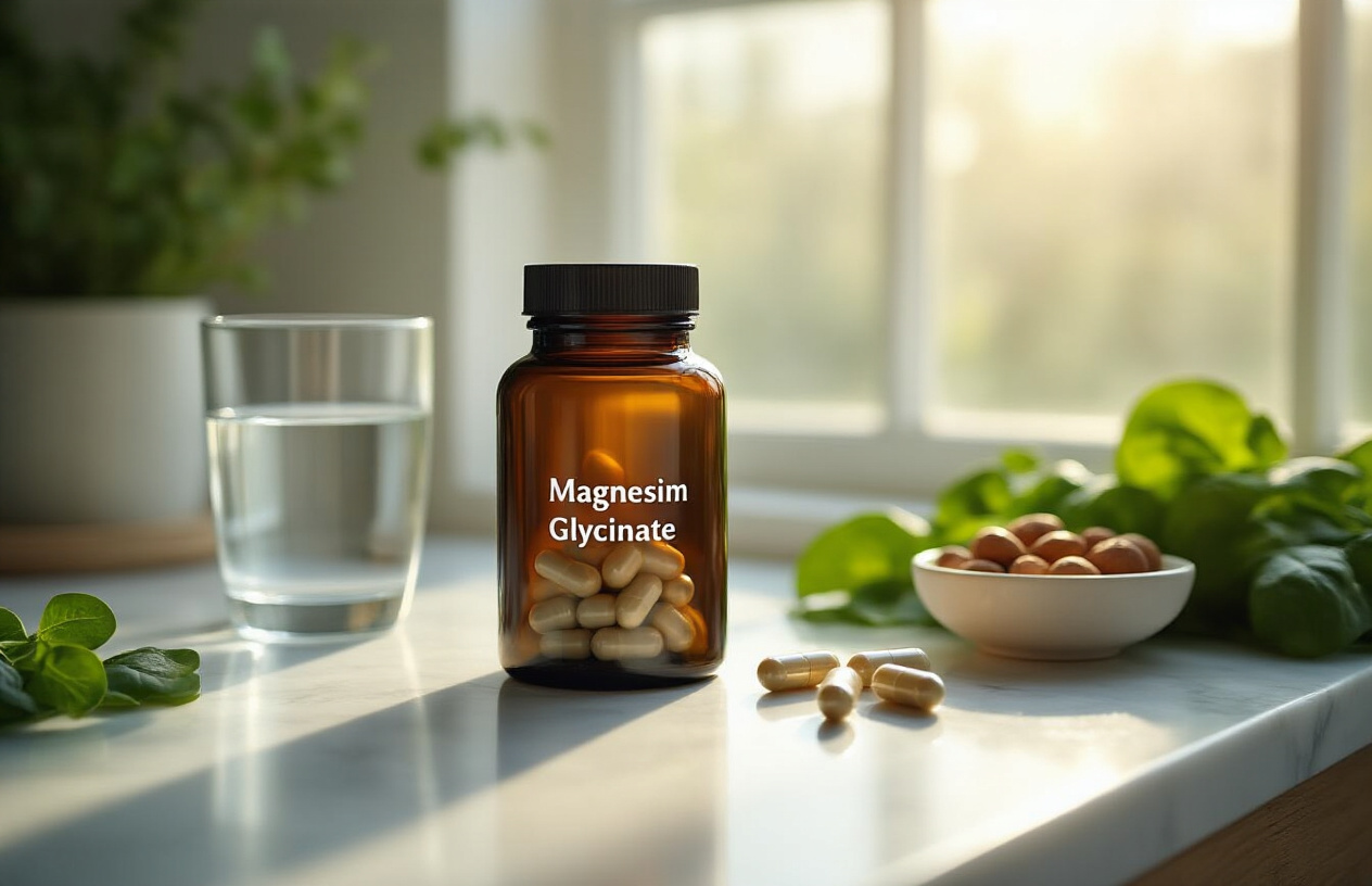 Create a realistic image of a clean, modern supplement bottle containing magnesium glycinate capsules positioned on a white marble countertop, with soft morning sunlight streaming through a nearby window creating gentle shadows, surrounded by subtle health and wellness elements like a glass of water, fresh green leafy vegetables, and a small bowl of nuts, all arranged in an organized, minimalist composition that conveys trust, health, and natural wellness, with warm, inviting lighting and a serene, professional atmosphere that suggests the conclusion of an informative health discussion, absolutely NO text should be in the scene.