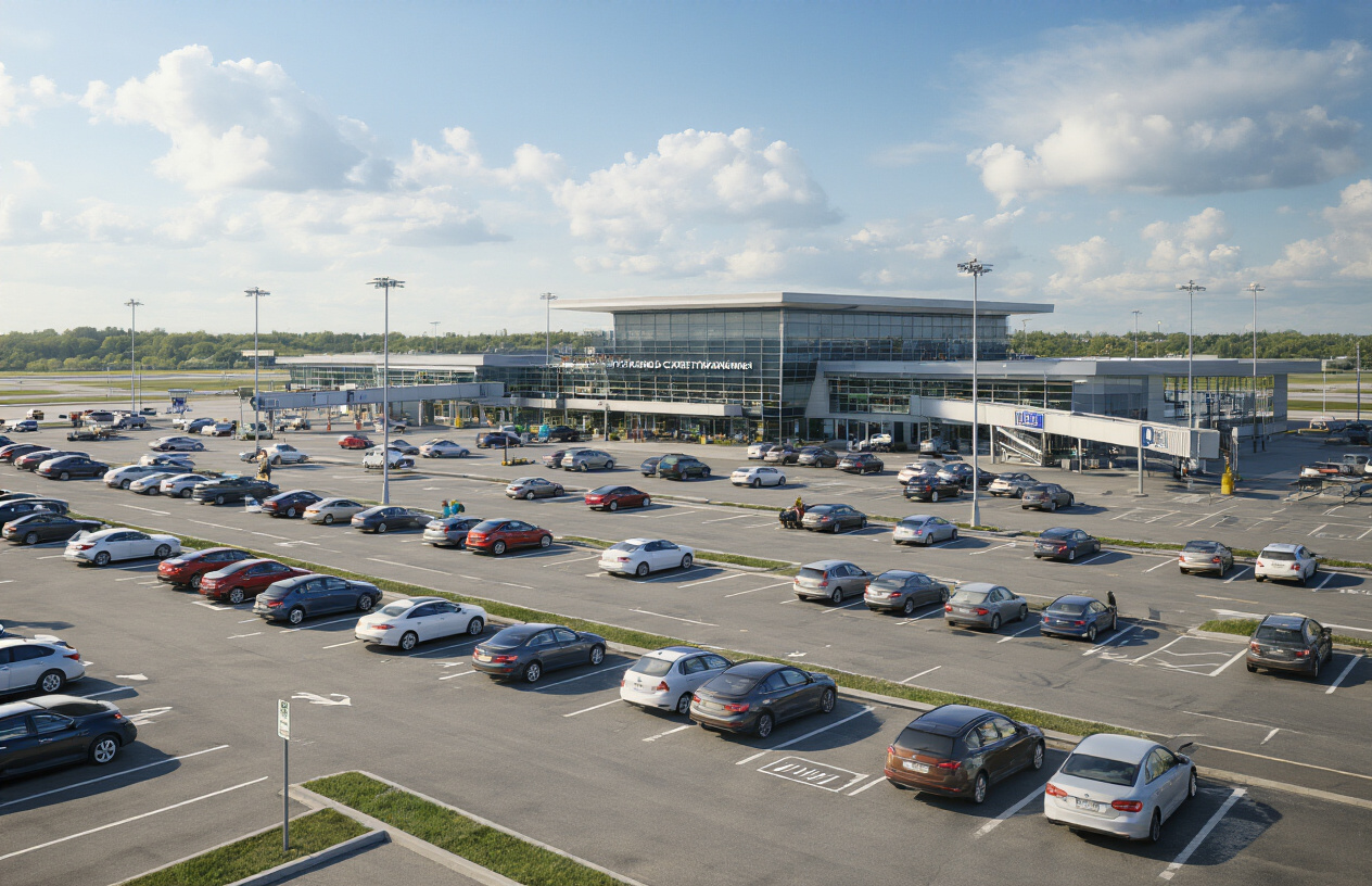 Create a realistic image of Ottawa Macdonald-Cartier International Airport exterior showing multiple parking areas with different sections including short-term parking lots closest to the terminal building, long-term parking areas further away, and economy parking sections, with clear sight lines showing the modern airport terminal building in the background, various parked cars of different sizes and colors scattered throughout the parking lots, airport signage and light poles visible, bright daylight with partly cloudy sky, and a clean organized parking infrastructure layout that demonstrates the variety of parking options available to travelers, absolutely NO text should be in the scene.
