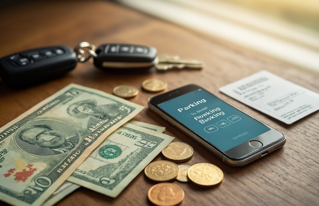 Create a realistic image of a close-up view of Canadian dollar bills and coins scattered on a wooden table next to a smartphone displaying a parking booking app interface, with car keys and a boarding pass partially visible in the background, shot in warm natural lighting from a window, creating a financial planning atmosphere that suggests saving money on travel expenses, absolutely NO text should be in the scene.