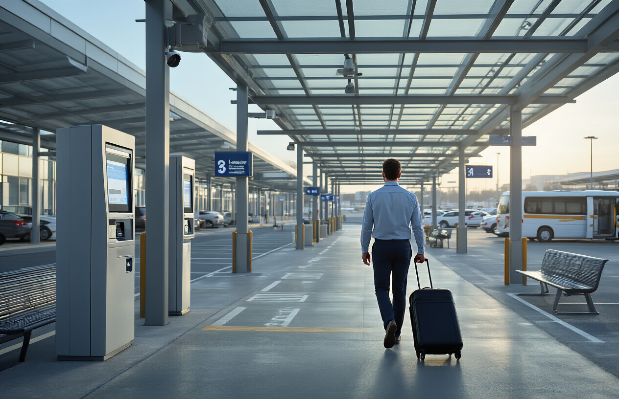 Create a realistic image of a modern airport parking facility showcasing convenient features including automated payment kiosks with digital displays, covered walkways with clear directional signage, shuttle bus stop area with comfortable waiting benches, well-lit parking spaces with numbered markers, security cameras mounted on poles, and a white male business traveler in his 30s pulling a black rolling suitcase while walking toward a shuttle pickup area, set during early morning with soft natural lighting and a clean, organized atmosphere that emphasizes efficiency and convenience, absolutely NO text should be in the scene.