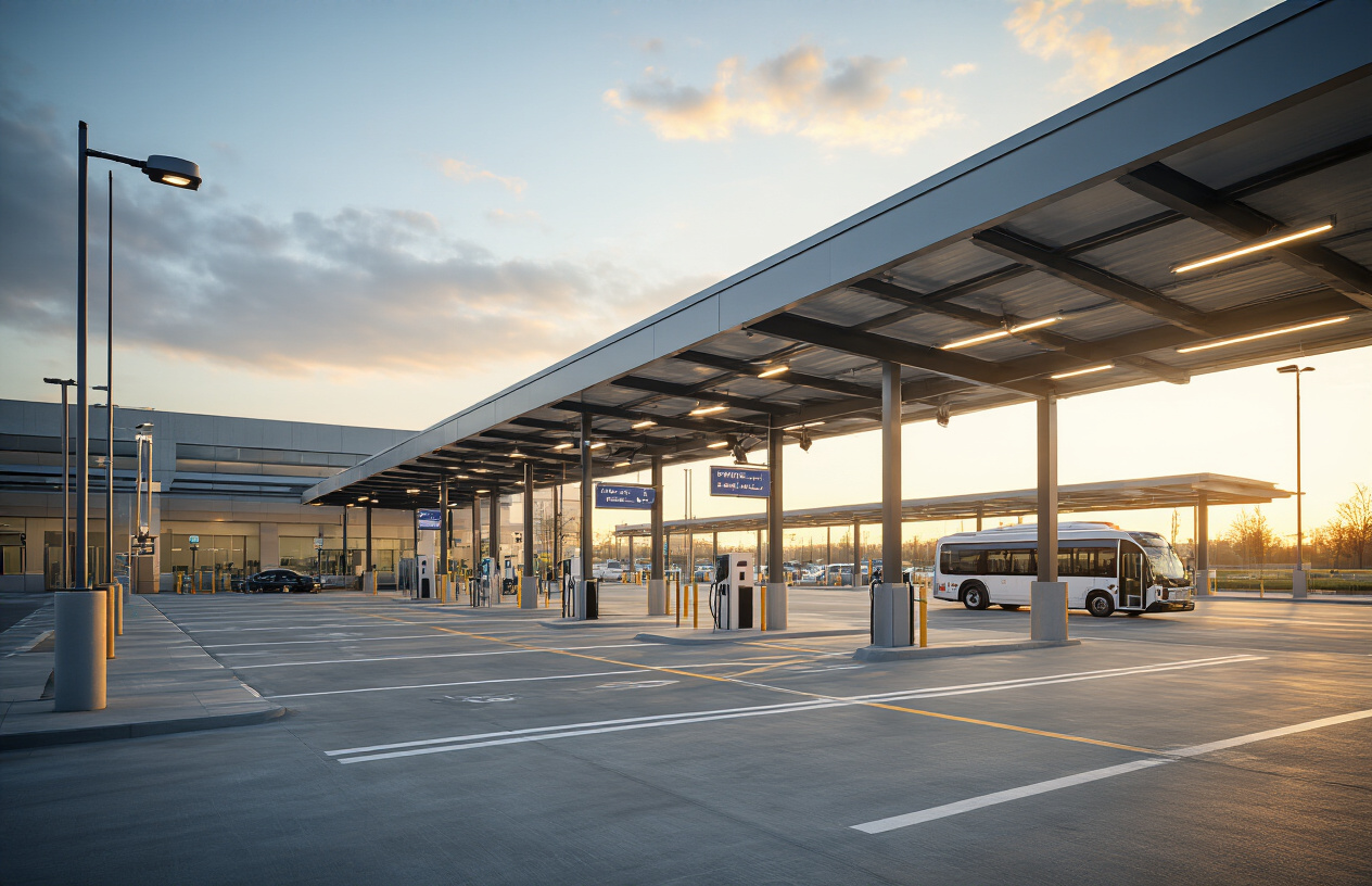 Create a realistic image of a modern airport parking facility showing premium services including a covered parking structure with clean concrete floors, security cameras mounted on poles, well-lit LED lighting, a shuttle bus in the background, clear directional signage without text, covered walkways, electric vehicle charging stations, and a customer service booth, shot during golden hour with warm natural lighting creating a professional and secure atmosphere, absolutely NO text should be in the scene.