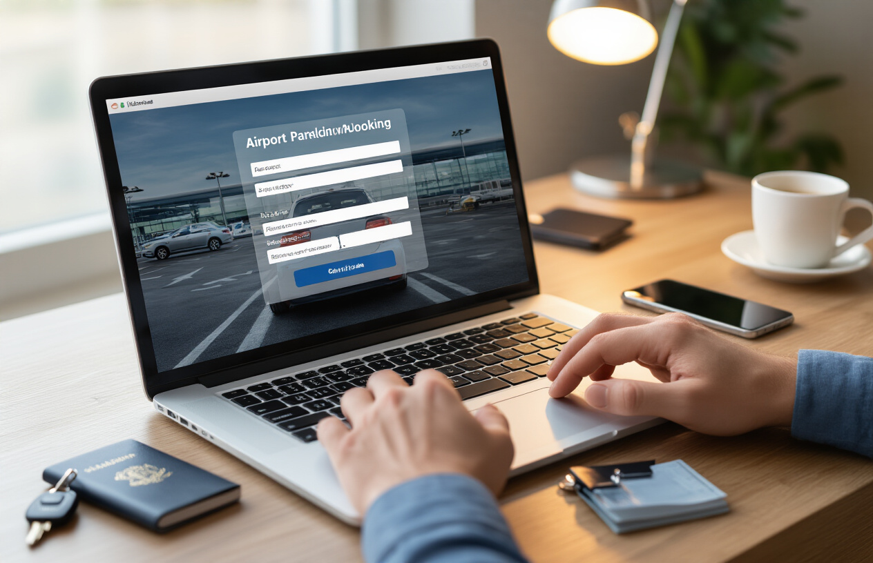 Create a realistic image of a modern laptop computer open on a wooden desk displaying an airport parking booking website interface, with a white male's hands typing on the keyboard, a smartphone placed nearby showing a confirmation screen, car keys and a passport visible on the desk surface, warm indoor lighting from a desk lamp, clean organized workspace setting with a coffee cup in the background, professional and efficient atmosphere suggesting online travel preparation, absolutely NO text should be in the scene.