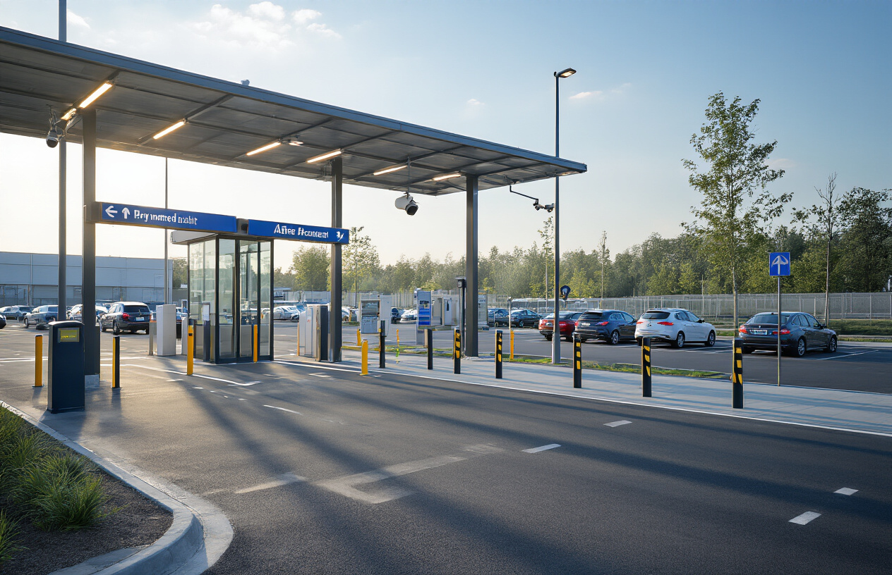 Create a realistic image of a secure airport parking facility entrance with modern security features including surveillance cameras mounted on poles, well-lit LED lighting, electronic gate barriers, security booth with glass windows, clear directional signage, professional security equipment visible, clean asphalt parking surface, multiple parked cars in background, bright daylight setting creating a safe and monitored atmosphere, absolutely NO text should be in the scene.