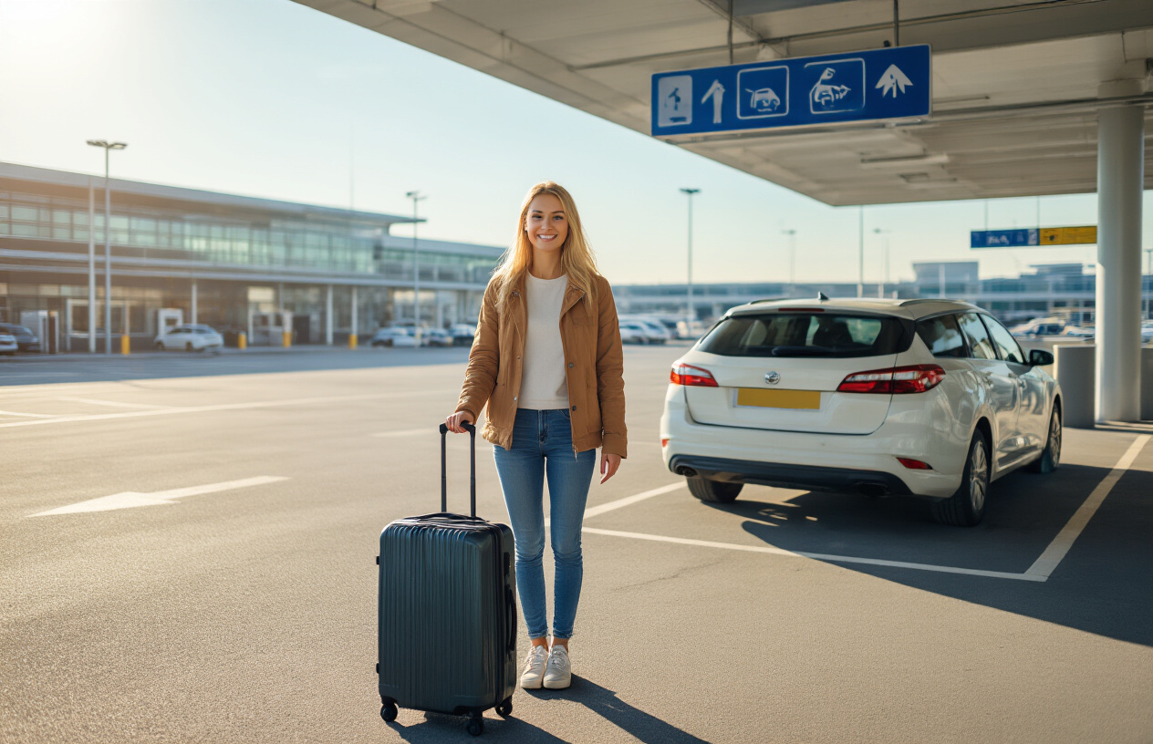 Create a realistic image of a satisfied white female traveler with luggage standing next to her parked car in a well-lit, secure airport parking lot with clear signage and modern facilities, Ottawa airport terminal visible in the background, bright daylight with clean pavement and organized parking spaces, conveying convenience and peace of mind, absolutely NO text should be in the scene.
