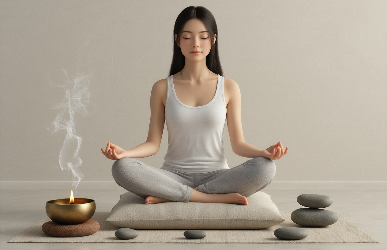 Create a realistic image of a peaceful meditation scene showing a young Asian female sitting cross-legged in lotus position on a soft cushion, eyes gently closed with a serene expression, hands resting on knees in mudra position, surrounded by minimalist elements including a small singing bowl, burning incense with visible smoke, and a few smooth stones, set against a clean neutral background with soft natural lighting creating a calm atmosphere that represents the foundational concepts of meditation practice, absolutely NO text should be in the scene.