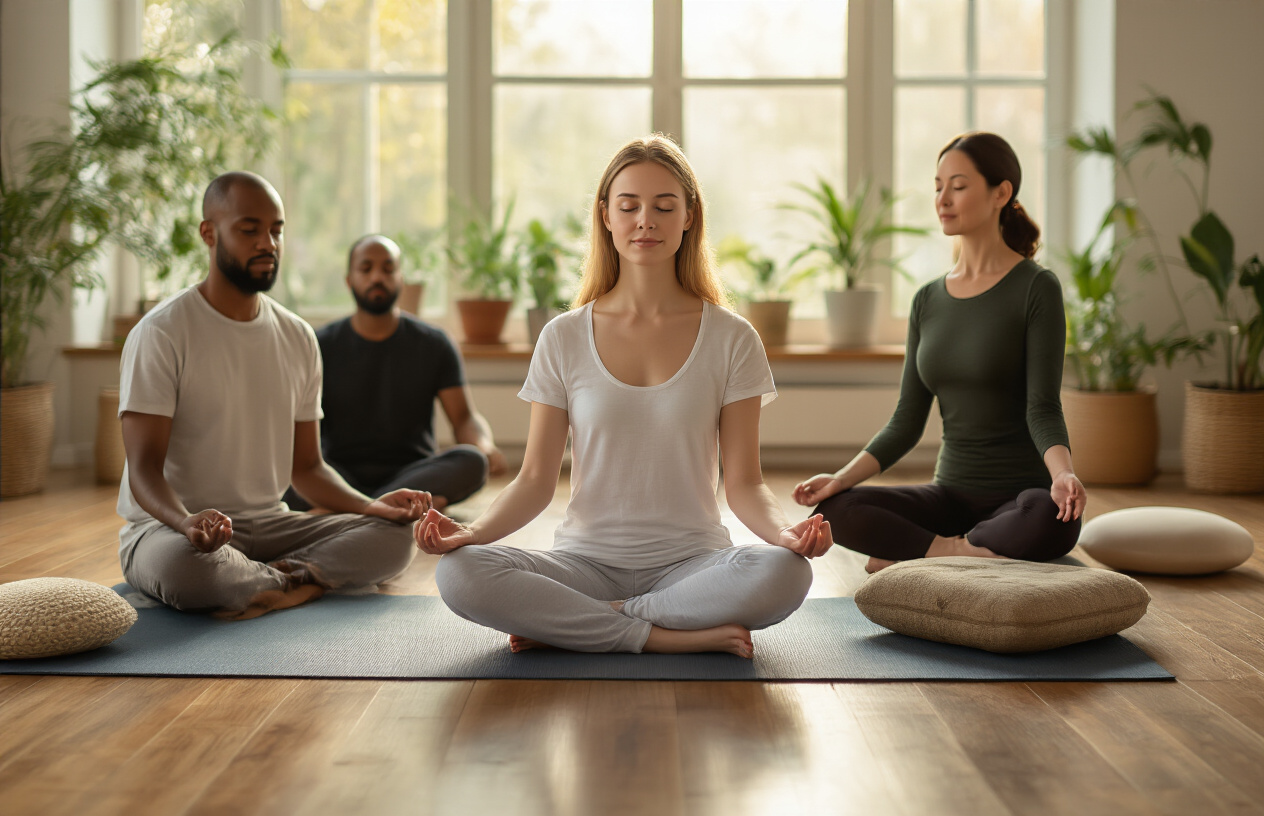 Create a realistic image of a peaceful meditation scene showing essential beginner techniques with a young white female in comfortable clothing sitting in lotus position on a yoga mat, a middle-aged black male sitting cross-legged on a cushion with hands resting on knees, and an Asian female in her thirties demonstrating a walking meditation pose, all positioned in a serene indoor space with natural lighting from large windows, wooden floors, plants in the background, meditation cushions and props scattered around, soft warm lighting creating a calm and welcoming atmosphere perfect for learning meditation basics, absolutely NO text should be in the scene.