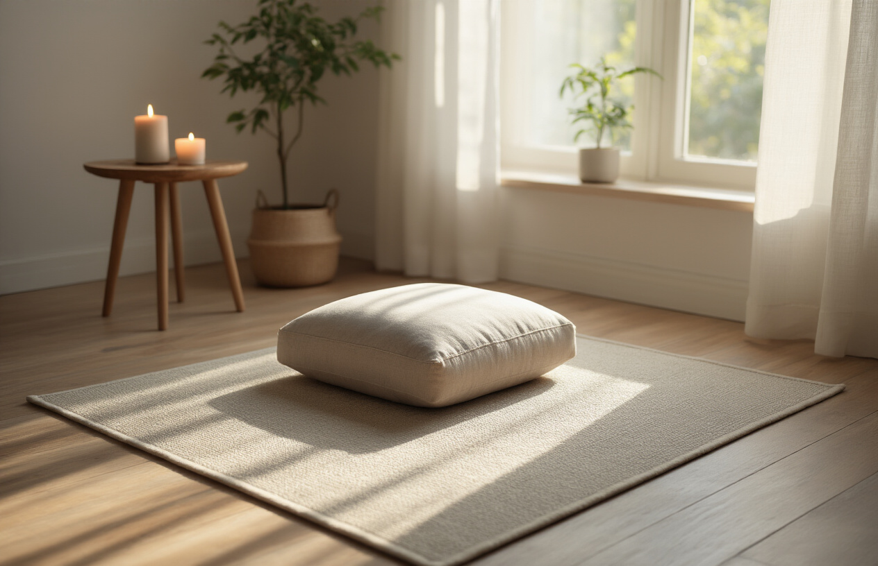 Create a realistic image of a peaceful meditation setup showing a comfortable meditation cushion or yoga mat placed on a wooden floor, with soft natural lighting filtering through a nearby window, a small side table with a lit candle and a small plant, creating a serene and organized meditation space in a minimalist room with neutral colors, absolutely NO text should be in the scene.