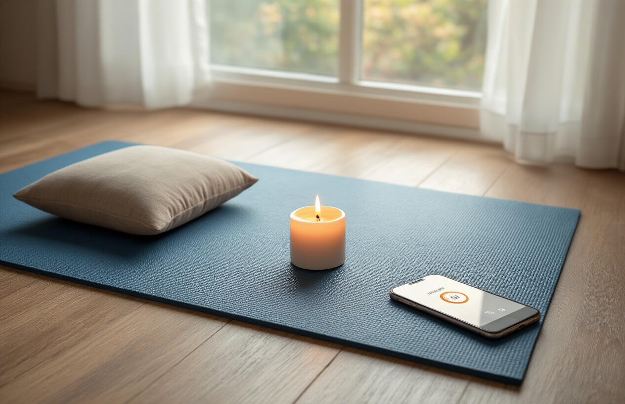 Create a realistic image of a peaceful meditation corner setup with a yoga mat laid out on a wooden floor, a small cushion placed on the mat, a lit candle in a simple holder nearby, and a smartphone displaying a meditation timer app resting beside the mat, with soft natural lighting streaming through a window in the background creating a calm and inviting atmosphere for meditation practice, absolutely NO text should be in the scene.