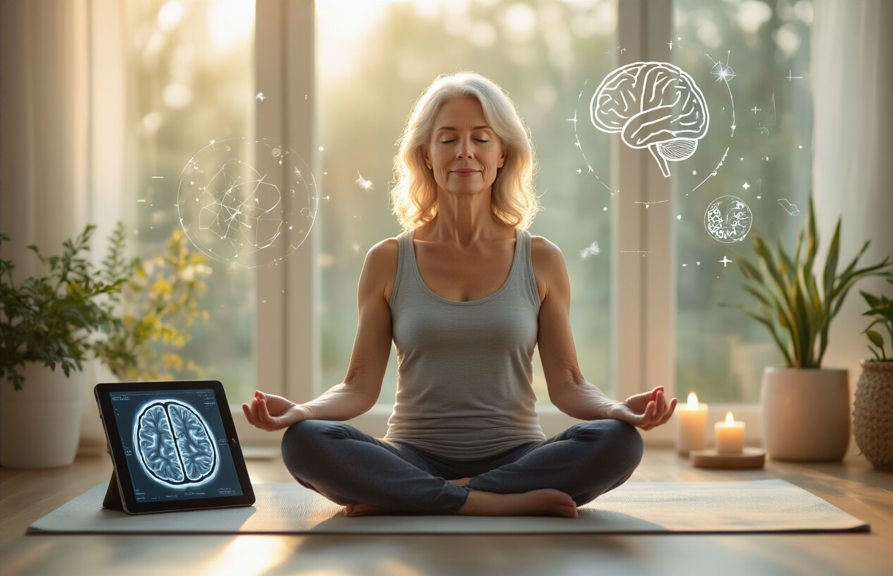 Create a realistic image of a peaceful meditation scene showing a middle-aged white female sitting cross-legged in lotus position on a yoga mat in a serene indoor space with soft natural lighting streaming through a window, surrounded by subtle scientific elements like a brain scan image on a tablet nearby, stress-relief visualization graphics floating subtly in the background, and calming elements such as plants and candles, with warm golden hour lighting creating a tranquil atmosphere that conveys the scientific benefits of meditation practice, absolutely NO text should be in the scene.