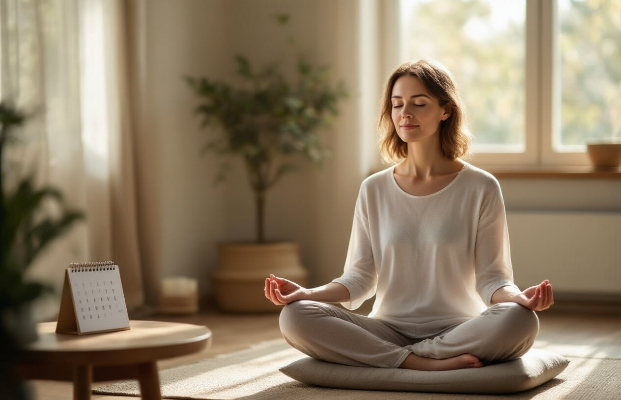 Create a realistic image of a peaceful white female in her 30s sitting cross-legged on a meditation cushion in a serene indoor space, with her eyes gently closed and hands resting on her knees in a meditative pose, surrounded by soft natural lighting streaming through a nearby window, with a small calendar or planner visible on a wooden side table nearby suggesting the passage of time, featuring warm earth tones and a minimalist zen-like environment with perhaps a small plant or candle in the background, conveying a sense of returning to a familiar practice with tranquility and renewed focus, absolutely NO text should be in the scene.