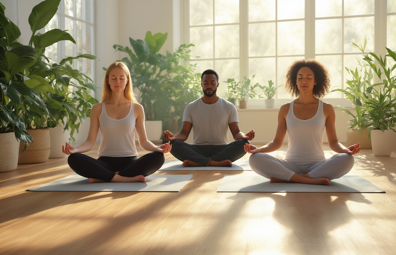 Create a realistic image of a serene meditation scene showing a diverse group of three people - one white female, one black male, and one Asian female - sitting in peaceful meditation postures on yoga mats in a bright, minimalist room with natural wood floors, soft morning sunlight streaming through large windows, lush green plants in the background, creating a calm and welcoming atmosphere that represents the completion of a meditation journey, with gentle shadows and warm lighting that conveys tranquility and mindfulness, absolutely NO text should be in the scene.