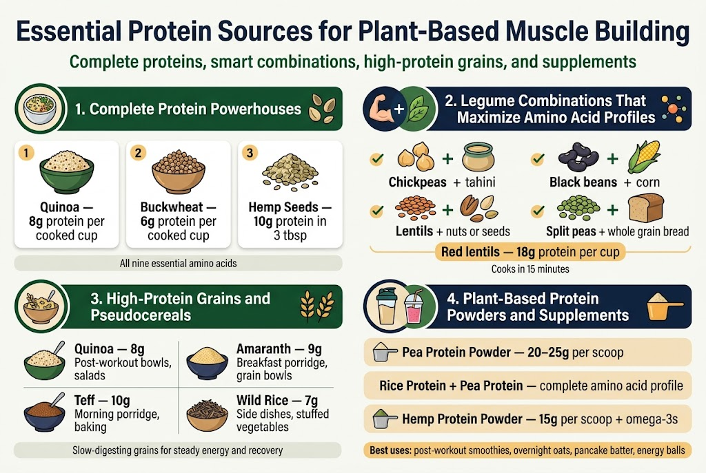 Create a clean, modern full-bleed infographic in a 3:2 aspect ratio about plant-based muscle-building protein sources. Use a white background with deep green, navy, gold, and orange accent colors, crisp sans-serif typography, bold section headers, and a professional editorial layout with wide horizontal sections and multi-column blocks.
Top banner across the full width:
Large bold title in dark navy: "Essential Protein Sources for Plant-Based Muscle Building"
Subtitle beneath in smaller green text: "Complete proteins, smart combinations, high-protein grains, and supplements"
Main body arranged in four wide sections with clear icons and numbered labels:
1. Left-top section with a circular bowl icon and seed icons:
Header: "1. Complete Protein Powerhouses"
Three side-by-side mini cards with illustrations of quinoa, buckwheat, and hemp seeds.
Card 1 text: "Quinoa — 8g protein per cooked cup"
Card 2 text: "Buckwheat — 6g protein per cooked cup"
Card 3 text: "Hemp Seeds — 10g protein in 3 tbsp"
Small line under the cards: "All nine essential amino acids"
2. Right-top section with a pairing icon showing two foods connected by a plus sign:
Header: "2. Legume Combinations That Maximize Amino Acid Profiles"
Display four illustrated food pairings in two columns with checkmarks:
"Chickpeas + tahini"
"Black beans + corn"
"Lentils + nuts or seeds"
"Split peas + whole grain bread"
Add a highlighted callout box:
"Red lentils — 18g protein per cup"
Smaller text below: "Cooks in 15 minutes"
3. Bottom-left wide section with grain bowl illustrations:
Header: "3. High-Protein Grains and Pseudocereals"
Create a neat 2x2 comparison table with icons and values:
"Quinoa — 8g — Post-workout bowls, salads"
"Amaranth — 9g — Breakfast porridge, grain bowls"
"Teff — 10g — Morning porridge, baking"
"Wild Rice — 7g — Side dishes, stuffed vegetables"
Add a subtle note strip below: "Slow-digesting grains for steady energy and recovery"
4. Bottom-right wide section with shaker bottle, smoothie, and powder scoop icons:
Header: "4. Plant-Based Protein Powders and Supplements"
Three stacked callout blocks:
"Pea Protein Powder — 20–25g per scoop"
"Rice Protein + Pea Protein — complete amino acid profile"
"Hemp Protein Powder — 15g per scoop + omega-3s"
Small footer line in a highlighted bar:
"Best uses: post-workout smoothies, overnight oats, pancake batter, energy balls"
Add small decorative icons throughout: muscle arm, leaf, spoon, grain stalk, smoothie cup, checkmarks, and amino acid dots. Use clear visual hierarchy, strong alignment, ample spacing, and no clutter. Keep all text sharp and readable, with section labels, nutrient numbers, and food pairings emphasized in bold. No border frame; full-bleed infographic layout.