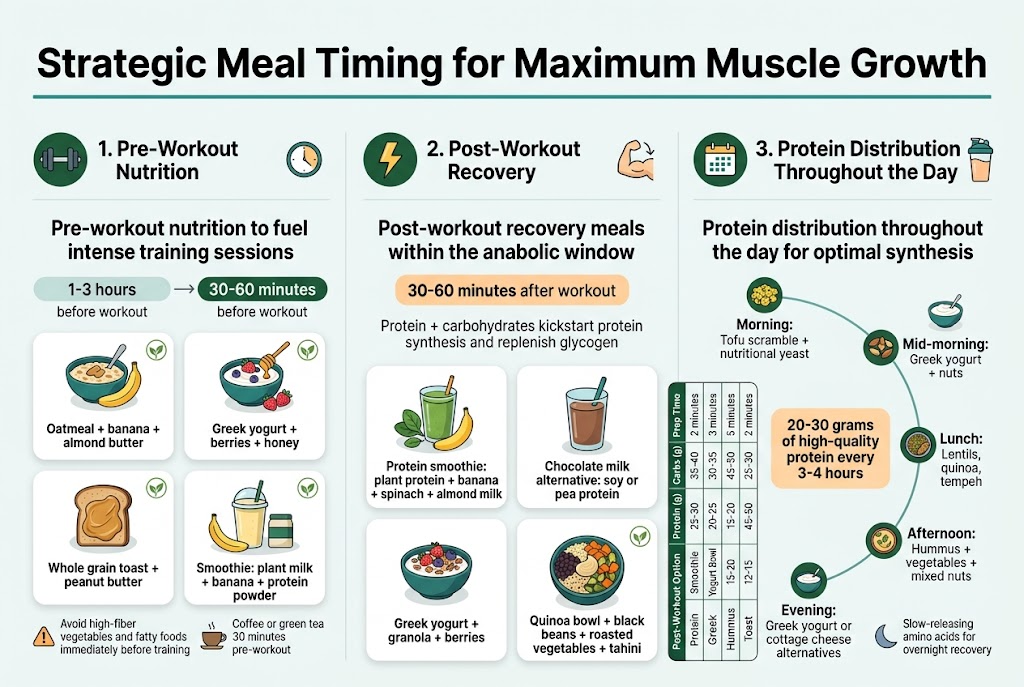 Create a clean, modern landscape infographic in a 3:2 aspect ratio with a full-bleed background, no frame, no inset margins, and a wide horizontal layout. Use a professional fitness-and-nutrition style with a white background, deep green and teal accents, warm yellow highlights, and dark charcoal text. Use bold sans-serif typography for headings and smaller readable sans-serif body text.
Top across the full width: a large bold title in dark charcoal text, centered-left at the top: "Strategic Meal Timing for Maximum Muscle Growth". Add a thin teal divider line beneath it.
Below the title, divide the infographic into three wide horizontal sections with clear visual hierarchy and icons.
LEFT SECTION: "1. Pre-Workout Nutrition" with a dumbbell icon and a small clock icon.
Place a bold subheading: "Pre-workout nutrition to fuel intense training sessions"
Under it, show a left-to-right mini timeline with 1-3 hours before workout and 30-60 minutes before workout.
Include four rounded food cards with illustrated vegetarian meal icons:
- "Oatmeal + banana + almond butter"
- "Greek yogurt + berries + honey"
- "Whole grain toast + peanut butter"
- "Smoothie: plant milk + banana + protein powder"
Add small warning icons beside a short line of text: "Avoid high-fiber vegetables and fatty foods immediately before training"
Add a small coffee cup icon with text: "Coffee or green tea 30 minutes pre-workout"
CENTER SECTION: "2. Post-Workout Recovery" with a lightning bolt icon and a muscle recovery icon.
Place a bold subheading: "Post-workout recovery meals within the anabolic window"
Show a highlighted orange-tinted callout box with the text: "30-60 minutes after workout"
Add a short supportive line: "Protein + carbohydrates kickstart protein synthesis and replenish glycogen"
Include four food option cards in a 2x2 grid with simple illustrated bowls and smoothies:
- "Protein smoothie: plant protein + banana + spinach + almond milk"
- "Chocolate milk alternative: soy or pea protein"
- "Greek yogurt + granola + berries"
- "Quinoa bowl + black beans + roasted vegetables + tahini"
Add a small vertical mini-table on the right side of this center section with a neat grid and bold header row:
Headers exactly: "Post-Workout Option | Protein (g) | Carbs (g) | Prep Time"
Rows exactly:
"Protein Smoothie | 25-30 | 35-40 | 2 minutes"
"Greek Yogurt Bowl | 20-25 | 30-35 | 3 minutes"
"Quinoa Bowl | 15-20 | 45-50 | 5 minutes"
"Hummus Toast | 12-15 | 25-30 | 2 minutes"
RIGHT SECTION: "3. Protein Distribution Throughout the Day" with a calendar icon and a protein shake icon.
Place a bold subheading: "Protein distribution throughout the day for optimal synthesis"
Show a vertical or curved daily flow with five meal-time nodes connected by a thin line, each node with a small food icon:
- Morning: "Tofu scramble + nutritional yeast"
- Mid-morning: "Greek yogurt + nuts"
- Lunch: "Lentils, quinoa, tempeh"
- Afternoon: "Hummus + vegetables + mixed nuts"
- Evening: "Greek yogurt or cottage cheese alternatives"
Add a central callout box with bold text: "20-30 grams of high-quality protein every 3-4 hours"
Add a small moon icon near the evening item with text: "Slow-releasing amino acids for overnight recovery"
Use clean section labels, clear spacing, and strong visual separation. Add small plant-based leaf icons next to vegetarian food items. Use flat vector illustration style with subtle shadows, crisp lines, and balanced alignment. Ensure all text is legible and exactly as written. No people, no photography, no clutter.