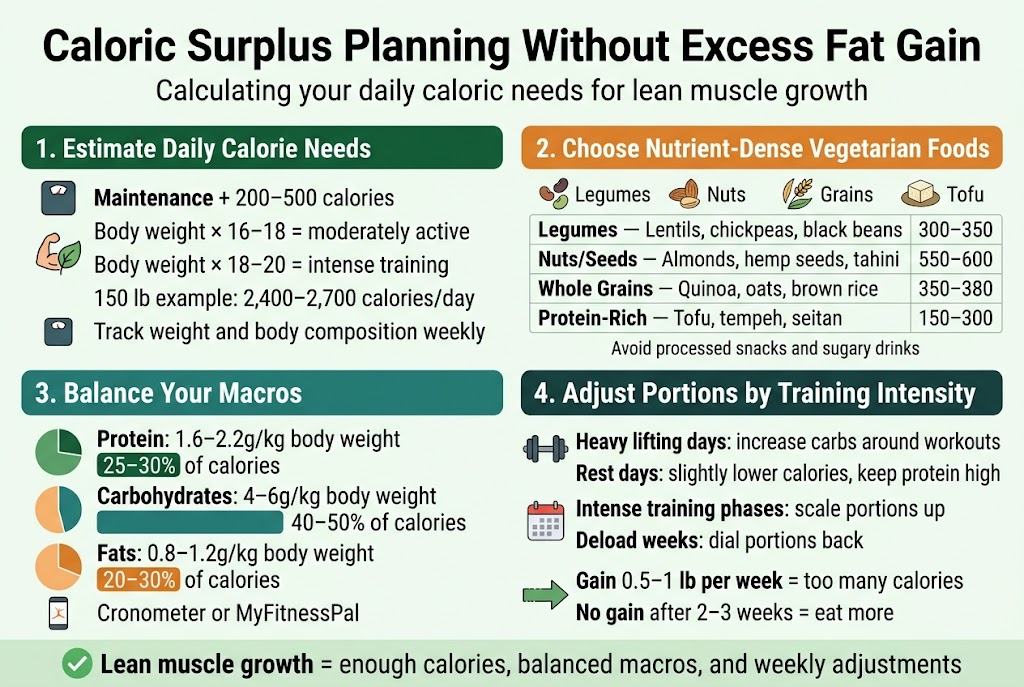 Create a clean, professional full-bleed infographic in landscape 3:2 ratio with a modern vegetarian fitness theme, using a white background, deep green and teal accents, warm orange highlights, dark charcoal text, and flat vector icons. Use a wide multi-section layout, not a narrow poster. Add a bold top headline across the full width.
Top header:
Large bold title text: "Caloric Surplus Planning Without Excess Fat Gain"
Smaller subtitle directly underneath: "Calculating your daily caloric needs for lean muscle growth"
Main body layout: four wide horizontal sections arranged in a 2x2 grid with clear spacing and colored section headers.
Section 1, top left:
Header text: "1. Estimate Daily Calorie Needs"
Place a scale icon and a muscle/leaf icon.
Include these short lines:
"Maintenance + 200–500 calories"
"Body weight × 16–18 = moderately active"
"Body weight × 18–20 = intense training"
"150 lb example: 2,400–2,700 calories/day"
"Track weight and body composition weekly"
Section 2, top right:
Header text: "2. Choose Nutrient-Dense Vegetarian Foods"
Place small illustrated icons for legumes, nuts, grains, and tofu.
Use a neat four-row mini table with these exact labels and values:
"Legumes — Lentils, chickpeas, black beans — 300–350"
"Nuts/Seeds — Almonds, hemp seeds, tahini — 550–600"
"Whole Grains — Quinoa, oats, brown rice — 350–380"
"Protein-Rich — Tofu, tempeh, seitan — 150–300"
Add a small note at the bottom:
"Avoid processed snacks and sugary drinks"
Section 3, bottom left:
Header text: "3. Balance Your Macros"
Place simple macro pie-chart style icons or three colored bars with labels.
Show these exact lines:
"Protein: 1.6–2.2g/kg body weight"
"25–30% of calories"
"Carbohydrates: 4–6g/kg body weight"
"40–50% of calories"
"Fats: 0.8–1.2g/kg body weight"
"20–30% of calories"
Add a small phone/app icon with the text:
"Cronometer or MyFitnessPal"
Section 4, bottom right:
Header text: "4. Adjust Portions by Training Intensity"
Place a dumbbell icon, calendar icon, and a progress arrow.
Include these exact lines:
"Heavy lifting days: increase carbs around workouts"
"Rest days: slightly lower calories, keep protein high"
"Intense training phases: scale portions up"
"Deload weeks: dial portions back"
"Gain 0.5–1 lb per week = too many calories"
"No gain after 2–3 weeks = eat more"
Add a bottom horizontal callout band across the full width with a green accent and a checkmark icon. Include this text:
"Lean muscle growth = enough calories, balanced macros, and weekly adjustments"
Typography:
Use bold sans-serif for headings, medium sans-serif for body text, highly legible, infographic-style hierarchy. Keep text crisp and evenly aligned. Use icons beside each section title and small visual markers for each bullet. Maintain a polished, nutrition-and-fitness infographic look with clear spacing, strong contrast, and organized blocks.