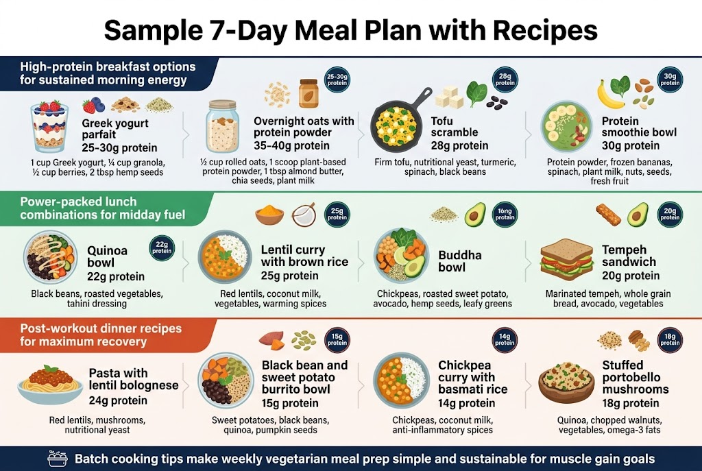 Create a full-bleed 3:2 landscape infographic with a clean modern nutrition design, white background, teal, green, orange, and deep navy accents, bold sans-serif headings, smaller readable body text, and clear section dividers. Place a large bold title at the top center: "Sample 7-Day Meal Plan with Recipes". Below the title, organize the content into three wide horizontal sections with illustrated food icons and numbered recipe blocks. Use simple flat vector icons, ingredient bowls, and small protein badge circles beside each recipe. Keep the layout open, balanced, and easy to scan.
Top section, header on left in dark navy: "High-protein breakfast options for sustained morning energy"
Show 4 side-by-side recipe cards with icons:
1. Greek yogurt parfait icon with berries, granola, hemp seeds. Text: "Greek yogurt parfait" and "25-30g protein"
Small ingredient line: "1 cup Greek yogurt, ¼ cup granola, ½ cup berries, 2 tbsp hemp seeds"
2. Overnight oats jar icon with oats and almond butter. Text: "Overnight oats with protein powder" and "35-40g protein"
Small ingredient line: "½ cup rolled oats, 1 scoop plant-based protein powder, 1 tbsp almond butter, chia seeds, plant milk"
3. Tofu scramble skillet icon with tofu, spinach, black beans. Text: "Tofu scramble" and "28g protein"
Small ingredient line: "Firm tofu, nutritional yeast, turmeric, spinach, black beans"
4. Smoothie bowl icon with banana, spinach, nuts, seeds. Text: "Protein smoothie bowl" and "30g protein"
Small ingredient line: "Protein powder, frozen bananas, spinach, plant milk, nuts, seeds, fresh fruit"
Middle section, header on left in green: "Power-packed lunch combinations for midday fuel"
Show 4 side-by-side recipe cards with icons:
1. Quinoa bowl icon with black beans, roasted vegetables, tahini drizzle. Text: "Quinoa bowl" and "22g protein"
Small ingredient line: "Black beans, roasted vegetables, tahini dressing"
2. Lentil curry bowl icon with rice and spices. Text: "Lentil curry with brown rice" and "25g protein"
Small ingredient line: "Red lentils, coconut milk, vegetables, warming spices"
3. Buddha bowl icon with chickpeas, sweet potato, avocado, hemp seeds, leafy greens. Text: "Buddha bowl" and no protein number
Small ingredient line: "Chickpeas, roasted sweet potato, avocado, hemp seeds, leafy greens"
4. Tempeh sandwich icon on whole grain bread. Text: "Tempeh sandwich" and "20g protein"
Small ingredient line: "Marinated tempeh, whole grain bread, avocado, vegetables"
Bottom section, header on left in orange-red: "Post-workout dinner recipes for maximum recovery"
Show 4 side-by-side recipe cards with icons:
1. Pasta bowl icon with lentil bolognese sauce. Text: "Pasta with lentil bolognese" and "24g protein"
Small ingredient line: "Red lentils, mushrooms, nutritional yeast"
2. Burrito bowl icon with black beans, sweet potato, quinoa, pumpkin seeds. Text: "Black bean and sweet potato burrito bowl" and "15g protein"
Small ingredient line: "Sweet potatoes, black beans, quinoa, pumpkin seeds"
3. Curry plate icon with chickpeas and basmati rice. Text: "Chickpea curry with basmati rice" and "14g protein"
Small ingredient line: "Chickpeas, coconut milk, anti-inflammatory spices"
4. Stuffed portobello icon with quinoa and walnuts. Text: "Stuffed portobello mushrooms" and "18g protein"
Small ingredient line: "Quinoa, chopped walnuts, vegetables, omega-3 fats"
Add a slim footer bar across the bottom in navy with a small batch-cooking icon and this text: "Batch cooking tips make weekly vegetarian meal prep simple and sustainable for muscle gain goals"
Use crisp infographic labels, small nutrient badges, and subtle arrow or divider lines between cards. Keep all text sharp, legible, and exactly as written. No people, no photos, no border frame, no clutter.