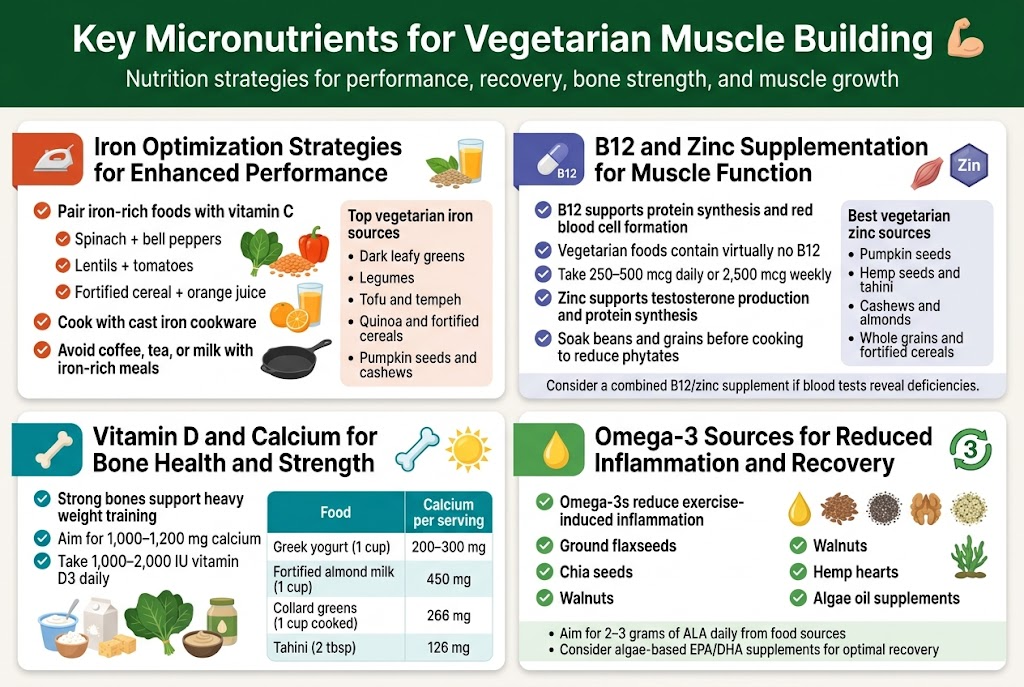 Aspect ratio 3:2, full-bleed wide infographic, clean professional flat vector style, bright modern health and fitness palette with deep green, orange, blue, purple, and neutral white background accents, bold sans-serif typography, strong visual hierarchy.
Top header across full width:
Large bold title centered at top: "Key Micronutrients for Vegetarian Muscle Building"
Smaller subtitle beneath: "Nutrition strategies for performance, recovery, bone strength, and muscle growth"
Below the header, arrange four wide content sections in a 2x2 grid with colored section headers and simple icons:
1) Top left section with a red-orange accent bar and a small iron icon:
Heading: "Iron Optimization Strategies for Enhanced Performance"
Include a small illustration of spinach, lentils, bell peppers, orange juice, and a cast iron pan.
Text blocks with checkmark bullets:
- "Pair iron-rich foods with vitamin C"
- "Spinach + bell peppers"
- "Lentils + tomatoes"
- "Fortified cereal + orange juice"
- "Cook with cast iron cookware"
- "Avoid coffee, tea, or milk with iron-rich meals"
Small side list title: "Top vegetarian iron sources"
Bullets:
- "Dark leafy greens"
- "Legumes"
- "Tofu and tempeh"
- "Quinoa and fortified cereals"
- "Pumpkin seeds and cashews"
2) Top right section with a blue-purple accent bar and a B12/zinc icon:
Heading: "B12 and Zinc Supplementation for Muscle Function"
Include a capsule icon, muscle icon, and zinc mineral symbol.
Text blocks with checkmark bullets:
- "B12 supports protein synthesis and red blood cell formation"
- "Vegetarian foods contain virtually no B12"
- "Take 250–500 mcg daily or 2,500 mcg weekly"
- "Zinc supports testosterone production and protein synthesis"
- "Soak beans and grains before cooking to reduce phytates"
Small side list title: "Best vegetarian zinc sources"
Bullets:
- "Pumpkin seeds"
- "Hemp seeds and tahini"
- "Cashews and almonds"
- "Whole grains and fortified cereals"
Small note at bottom: "Consider a combined B12/zinc supplement if blood tests reveal deficiencies"
3) Bottom left section with a teal accent bar and bone/sun icon:
Heading: "Vitamin D and Calcium for Bone Health and Strength"
Include a bone icon, sun icon, and calcium-rich foods.
Short intro text:
- "Strong bones support heavy weight training"
- "Aim for 1,000–1,200 mg calcium daily"
- "Take 1,000–2,000 IU vitamin D3 daily"
Include a simple table with two columns labeled exactly:
"Food" and "Calcium per serving"
Rows:
- "Greek yogurt (1 cup)" | "200–300 mg"
- "Fortified almond milk (1 cup)" | "450 mg"
- "Collard greens (1 cup cooked)" | "266 mg"
- "Tahini (2 tbsp)" | "126 mg"
4) Bottom right section with a green accent bar and omega-3 / recovery icon:
Heading: "Omega-3 Sources for Reduced Inflammation and Recovery"
Include a drop of oil, flaxseed, chia seeds, walnut, hemp hearts, and algae supplement icons.
Text blocks with checkmark bullets:
- "Omega-3s reduce exercise-induced inflammation"
- "Ground flaxseeds"
- "Chia seeds"
- "Walnuts"
- "Hemp hearts"
- "Algae oil supplements"
Small note at bottom:
- "Aim for 2–3 grams of ALA daily from food sources"
- "Consider algae-based EPA/DHA supplements for optimal recovery"
Design details:
Use clear section dividers, rounded cards, subtle shadows, and clean spacing.
Place a small dumbbell or muscle icon near the title for fitness context.
Use color-coded icons for each nutrient section.
Keep all text sharp and readable, with balanced wide layout and no vertical poster frame.