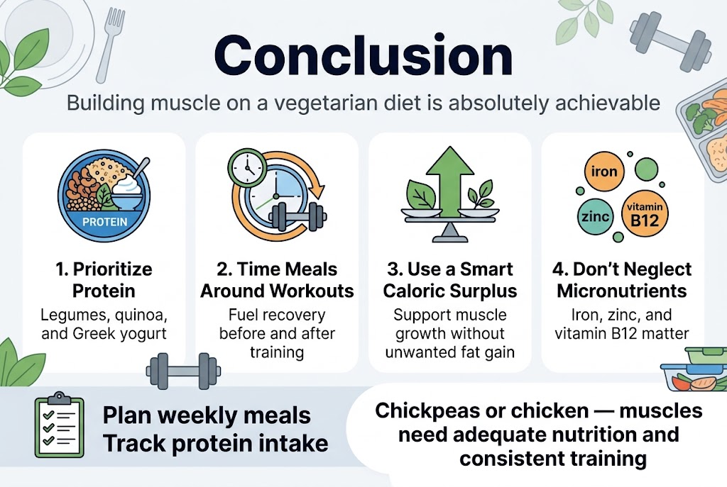 Full-bleed infographic illustration, aspect ratio 3:2, clean modern fitness/nutrition style, wide horizontal layout with no frame and no narrow centered stack. Top center: large bold heading in dark navy, text exactly "Conclusion". Under the heading, a smaller subtitle across the width in medium gray: "Building muscle on a vegetarian diet is absolutely achievable". Use a crisp sans-serif font, strong visual hierarchy, white background with green, blue, and warm orange accents, subtle plant-based and fitness motif, professional and energetic.
Main content organized into 4 wide horizontal blocks or cards across the middle, each with a distinct icon and short text:
1) Left block: a blue protein bowl icon with legumes, quinoa, and Greek yogurt. Title text: "1. Prioritize Protein". Body text: "Legumes, quinoa, and Greek yogurt"
2) Second block: a clock and dumbbell icon with an arrow around a workout window. Title text: "2. Time Meals Around Workouts". Body text: "Fuel recovery before and after training"
3) Third block: a green upward arrow over a balanced plate icon. Title text: "3. Use a Smart Caloric Surplus". Body text: "Support muscle growth without unwanted fat gain"
4) Fourth block: micronutrient icons for iron, zinc, and vitamin B12 in small circles. Title text: "4. Don't Neglect Micronutrients". Body text: "Iron, zinc, and vitamin B12 matter"
Bottom wide banner section with a checklist icon on the left and bold call-to-action text in two lines:
"Plan weekly meals"
"Track protein intake"
Along the bottom right, a strong concluding statement in larger text inside a rounded callout:
"Chickpeas or chicken — muscles need adequate nutrition and consistent training"
Add subtle background graphics of leaves, plate, fork, dumbbell, and meal prep containers. Use clear spacing, aligned edges, and visual icons beside each numbered point. Make the text fully legible and exact.