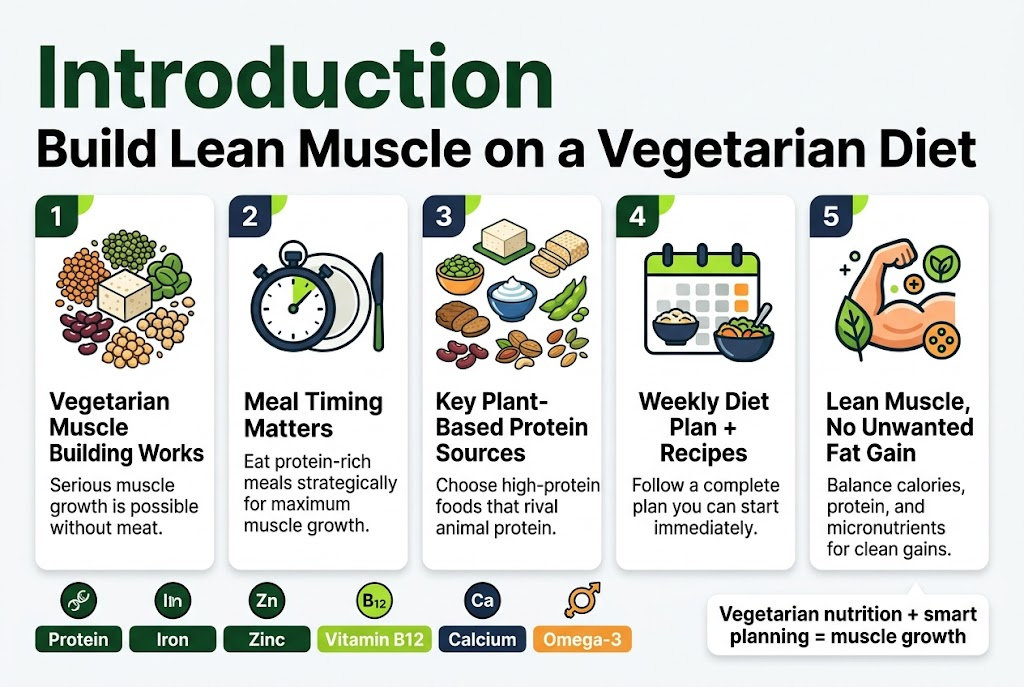 Create a clean, modern infographic illustration in a 3:2 aspect ratio, full-bleed layout, no frame, no inset margins, wide horizontal composition with multiple sections across the page. Use a professional fitness-and-nutrition style with a white background, deep green, navy, bright lime accents, and warm orange highlights. Use bold sans-serif typography for headings and smaller clean sans-serif body text.

Top header across the full width:
Large bold title text: "Introduction"
Subtitle text below: "Build Lean Muscle on a Vegetarian Diet"

Main layout: five horizontal content blocks or cards arranged in a balanced wide grid with icons and numbered labels.

Section 1 on the left:
Number badge "1"
A strong plant protein icon: lentils, tofu, beans, chickpeas, and quinoa arranged in a neat cluster.
Heading text: "Vegetarian Muscle Building Works"
Body text: "Serious muscle growth is possible without meat."

Section 2 next to it:
Number badge "2"
A stopwatch and plate icon.
Heading text: "Meal Timing Matters"
Body text: "Eat protein-rich meals strategically for maximum muscle growth."

Section 3 in the center:
Number badge "3"
A protein sources icon collage: tofu block, tempeh slices, Greek-style yogurt bowl, edamame, seitan, beans, nuts, and seeds.
Heading text: "Key Plant-Based Protein Sources"
Body text: "Choose high-protein foods that rival animal protein."

Section 4 next to it:
Number badge "4"
A weekly calendar icon with meal bowls.
Heading text: "Weekly Diet Plan + Recipes"
Body text: "Follow a complete plan you can start immediately."

Section 5 on the right:
Number badge "5"
A muscle arm icon with a leaf and nutrient symbols.
Heading text: "Lean Muscle, No Unwanted Fat Gain"
Body text: "Balance calories, protein, and micronutrients for clean gains."

Bottom strip across the width:
A row of small nutrient icons with labels in short text blocks:
"Protein"
"Iron"
"Zinc"
"Vitamin B12"
"Calcium"
"Omega-3"

Add a small bottom-right callout box with bold text:
"Vegetarian nutrition + smart planning = muscle growth"

Use clear section dividers, subtle shadows, rounded rectangles, strong visual hierarchy, and simple infographic-style icons. Keep text crisp and readable.