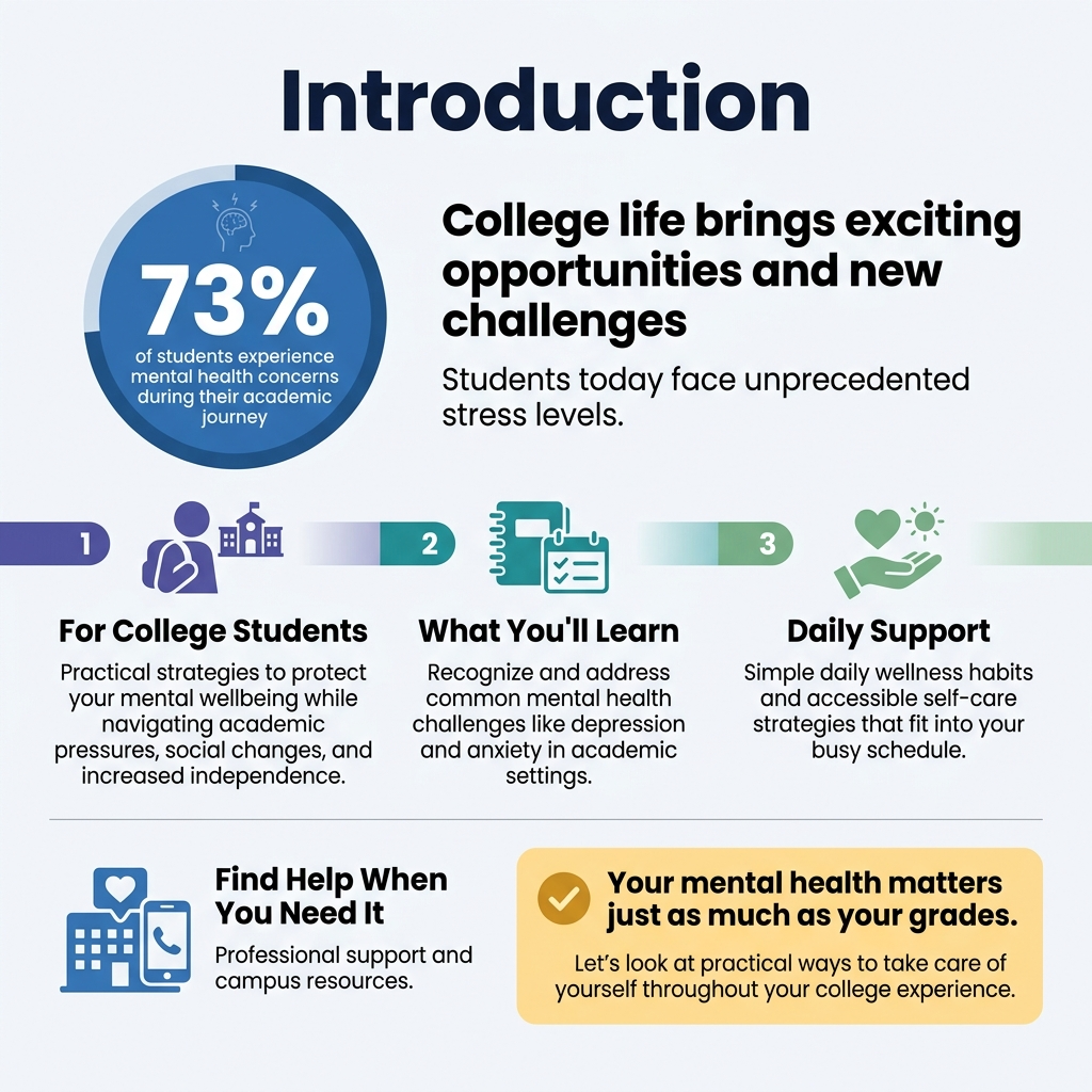 Square 1:1 full-bleed infographic, clean professional modern design, white background with deep blue, teal, and soft green accents, bold sans-serif typography, clear hierarchy, wide horizontal multi-section layout with no poster frame.
Top center: large bold title in dark navy text, "Introduction".
Below title, top-left: a large blue circular statistic badge with big white text "73%" and a small line below it, "of students experience mental health concerns during their academic journey". Place a subtle stress/brain icon inside the badge.
Top-right: a wide text block with the heading "College life brings exciting opportunities and new challenges" in bold, followed by smaller text: "Students today face unprecedented stress levels."
Middle row, three equal horizontal sections across the width with numbered labels and icons:
1. Left section: a purple icon of a student with a backpack and campus buildings, heading "For College Students", body text: "Practical strategies to protect your mental wellbeing while navigating academic pressures, social changes, and increased independence."
2. Center section: a teal icon of a notebook, calendar, and checklist, heading "What You'll Learn", body text: "Recognize and address common mental health challenges like depression and anxiety in academic settings."
3. Right section: a green icon of a heart, sun, and support hand, heading "Daily Support", body text: "Simple daily wellness habits and accessible self-care strategies that fit into your busy schedule."
Bottom row, two wide blocks side by side:
Left block: a blue support icon of a building with a heart and phone, heading "Find Help When You Need It", body text: "Professional support and campus resources."
Right block: a highlighted callout banner with a warm yellow background and a checkmark icon, bold text: "Your mental health matters just as much as your grades." smaller text below: "Let's look at practical ways to take care of yourself throughout your college experience."
Use clean section dividers, subtle shadows, ample spacing, aligned text, and simple flat vector icons.