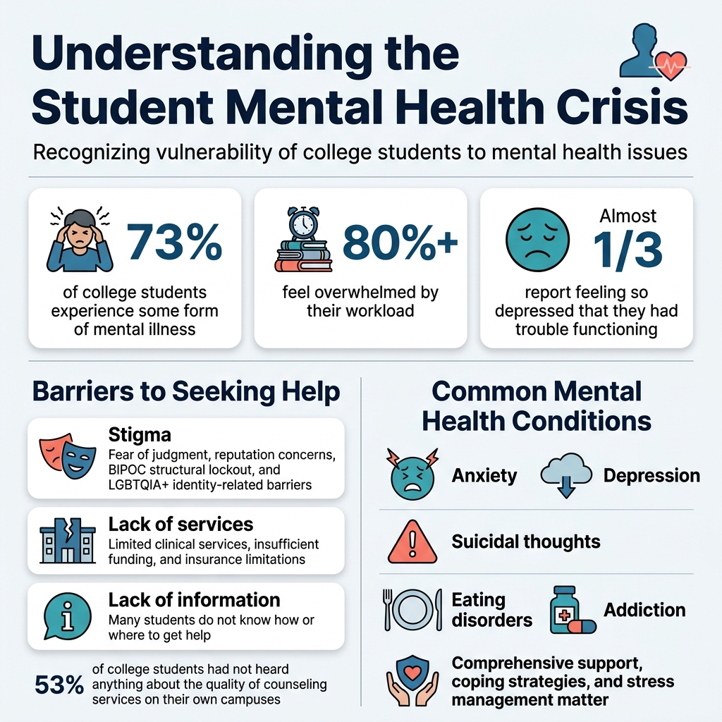 Create a square 1:1 full-bleed infographic in a clean modern editorial style with a white background, deep navy headings, teal and blue accent colors, and coral/red warning highlights. Use a bold sans-serif font for headings and a readable sans-serif font for body text. Organize the layout into a wide top header, a middle statistics row, and a bottom two-column content area. Include simple flat vector icons beside each key point.
Top header across the full width:
Bold large title text: "Understanding the Student Mental Health Crisis"
Smaller subtitle beneath: "Recognizing vulnerability of college students to mental health issues"
Add a subtle icon of a student silhouette with a heart and pulse line near the title.
Middle row with three large statistic blocks, left to right, each in a rounded rectangle with icon and big number:
1) Left block with a stressed student icon:
"73%"
"of college students experience some form of mental illness"
2) Center block with a stack of books and alarm clock icon:
"80%+"
"feel overwhelmed by their workload"
3) Right block with a sad face icon:
"Almost 1/3"
"report feeling so depressed that they had trouble functioning"
Bottom half split into two wide columns.
Left column titled in bold: "Barriers to Seeking Help"
Under the title, place three stacked horizontal cards with distinct icons:
A) Card 1 with a stigma/hidden mask icon:
"Stigma"
"Fear of judgment, reputation concerns, BIPOC structural lockout, and LGBTQIA+ identity-related barriers"
B) Card 2 with a broken clinic building icon:
"Lack of services"
"Limited clinical services, insufficient funding, and insurance limitations"
C) Card 3 with an information/question-mark icon:
"Lack of information"
"Many students do not know how or where to get help"
Add a smaller highlighted stat bar at the bottom of this column:
"53% of college students had not heard anything about the quality of counseling services on their own campuses"
Right column titled in bold: "Common Mental Health Conditions"
Arrange four compact icon + text rows:
A) Anxiety with an anxious face and lightning icon:
"Anxiety"
B) Depression with a cloud and downward arrow icon:
"Depression"
C) Suicidal thoughts with a warning triangle icon:
"Suicidal thoughts"
D) Eating disorders and addiction with a plate icon and bottle/pill icon:
"Eating disorders"
"Addiction"
At the bottom of this column add a final bold callout bar with a shield/hand-heart icon:
"Comprehensive support, coping strategies, and stress management matter"
Visual style:
Use clear section dividers, generous spacing, rounded cards, soft shadows, and consistent icon style. Emphasize key numbers in large bold type. Keep the composition balanced and wide, not vertical or poster-like.