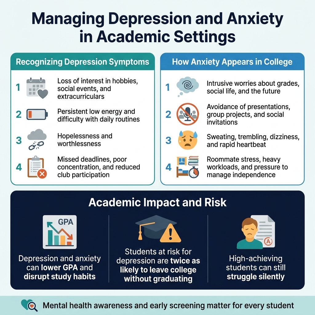 Square 1:1 infographic, full-bleed clean professional design, modern flat vector style, white background with deep navy, teal, blue, and warm orange accents. Bold sans-serif heading at the top center in dark navy: "Managing Depression and Anxiety in Academic Settings". Use a wide, multi-section layout with no vertical poster frame, no inset margins.
Top row: two large side-by-side panels with colored headers and simple icons.
Left panel header in teal: "Recognizing Depression Symptoms"
Include 4 numbered points with matching icons:
1. A gray calendar and dimmed heart icon next to "Loss of interest in hobbies, social events, and extracurriculars"
2. A low-battery icon next to "Persistent low energy and difficulty with daily routines"
3. A cloud and broken chain icon next to "Hopelessness and worthlessness"
4. A clipboard and failing grade icon next to "Missed deadlines, poor concentration, and reduced club participation"
Right panel header in blue: "How Anxiety Appears in College"
Include 4 numbered points with matching icons:
1. A swirling thought bubble icon next to "Intrusive worries about grades, social life, and the future"
2. A crossed-out microphone and group icon next to "Avoidance of presentations, group projects, and social invitations"
3. A sweating face, shaking hands, and fast heartbeat icon next to "Sweating, trembling, dizziness, and rapid heartbeat"
4. A dorm room, stack of books, and deadline clock icon next to "Roommate stress, heavy workloads, and pressure to manage independence"
Bottom row: one wide dark navy panel spanning the width with a bold white header: "Academic Impact and Risk"
Inside, place three large statistic/info blocks with icons:
Left block with upward/downward GPA chart icon and text: "Depression and anxiety can lower GPA and disrupt study habits"
Center block with graduation cap and warning triangle icon and bold statistic text: "Students at risk for depression are twice as likely to leave college without graduating"
Right block with hidden face behind a grade sheet icon and text: "High-achieving students can still struggle silently"
Add a thin footer strip in light teal with a small heart and magnifying glass icon and the text: "Mental health awareness and early screening matter for every student"
Use clear hierarchy, bold section headers, concise readable text, rounded rectangles, subtle shadows, ample spacing, balanced visual icons, crisp infographic typography, no photo elements.