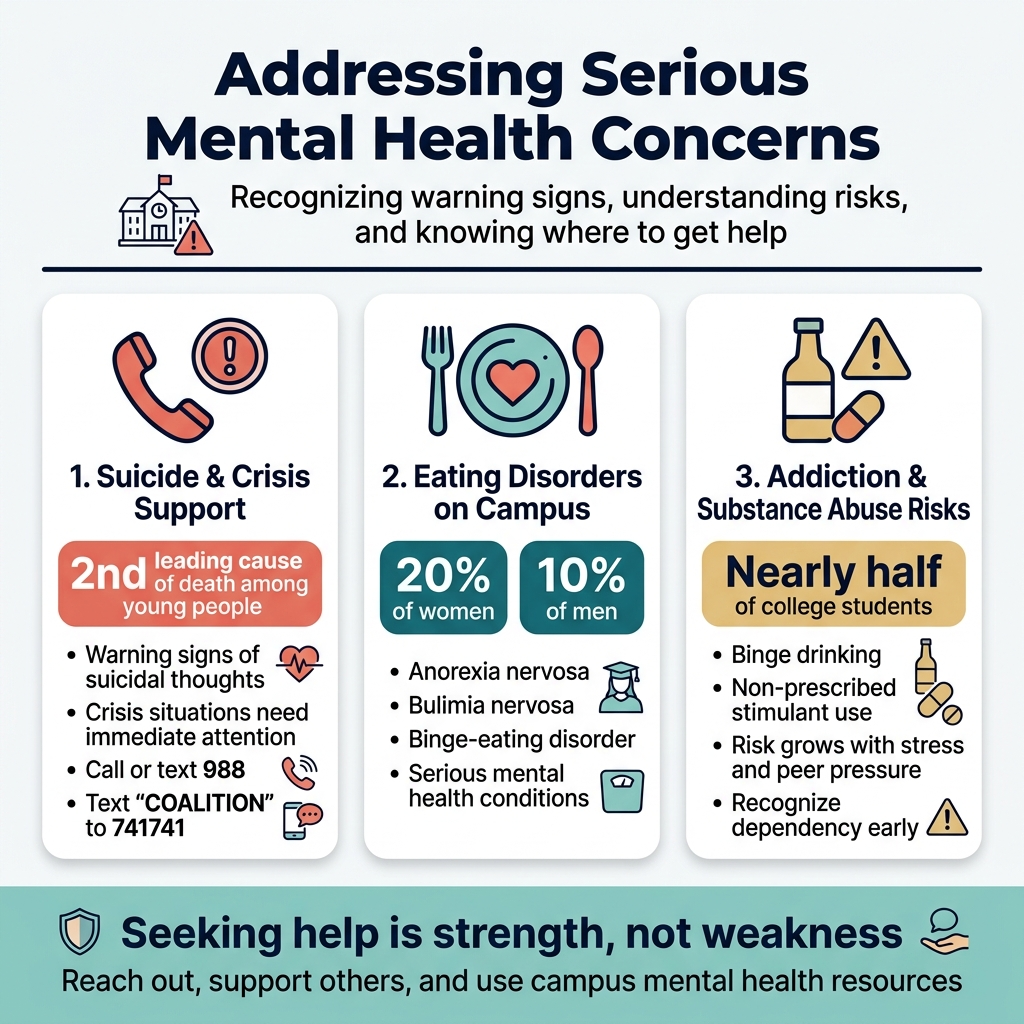 Create a square 1:1 full-bleed infographic with a clean modern healthcare style, white background with deep navy, teal, coral, and soft gold accents, bold sans-serif typography, clear visual hierarchy, and wide horizontal section layout. Place a large bold title at the top center: "Addressing Serious Mental Health Concerns". Under the title, add a smaller subtitle: "Recognizing warning signs, understanding risks, and knowing where to get help". Use three large horizontal content blocks across the middle and lower area, with icons and numbered labels.
Top section:
- Left of the subtitle, place a small line icon of a college campus building with a warning triangle.
- Add a thin navy divider line across the width.
Middle section, three side-by-side panels:
1. Left panel with a red and navy emergency phone icon and a circle alert symbol.
Heading: "1. Suicide & Crisis Support"
Include a large highlighted stat badge: "2nd leading cause of death among young people"
Add smaller text bullets:
- "Warning signs of suicidal thoughts"
- "Crisis situations need immediate attention"
- "Call or text 988"
- "Text 'COALITION' to 741741"
Add a small lifeline, phone, and text message icons beside the support lines.
2. Center panel with a plate, fork, and heart icon in teal and coral.
Heading: "2. Eating Disorders on Campus"
Include a stat badge: "20% of women" and "10% of men"
Add smaller text bullets:
- "Anorexia nervosa"
- "Bulimia nervosa"
- "Binge-eating disorder"
- "Serious mental health conditions"
Add a small university student silhouette and a scale icon.
3. Right panel with a bottle, pill, and caution icon in gold and navy.
Heading: "3. Addiction & Substance Abuse Risks"
Include a stat badge: "Nearly half of college students"
Add smaller text bullets:
- "Binge drinking"
- "Non-prescribed stimulant use"
- "Risk grows with stress and peer pressure"
- "Recognize dependency early"
Add a small alcohol bottle icon, pill capsule icon, and warning triangle.
Bottom section:
- A wide support banner spanning the width with a calming teal background.
- Large text: "Seeking help is strength, not weakness"
- Add a final line in smaller text: "Reach out, support others, and use campus mental health resources"
- Include three small icons along the banner: a shield, a helping hand, and a speech bubble.
Design details:
- Use rounded rectangles for each panel with subtle shadows.
- Keep text legible, aligned, and evenly spaced.
- Use high contrast for statistics in bold colored badges.
- Make the layout balanced and uncluttered, with strong icons and minimal decorative accents.
- No inset frame, no poster border, no vertical stacked layout.