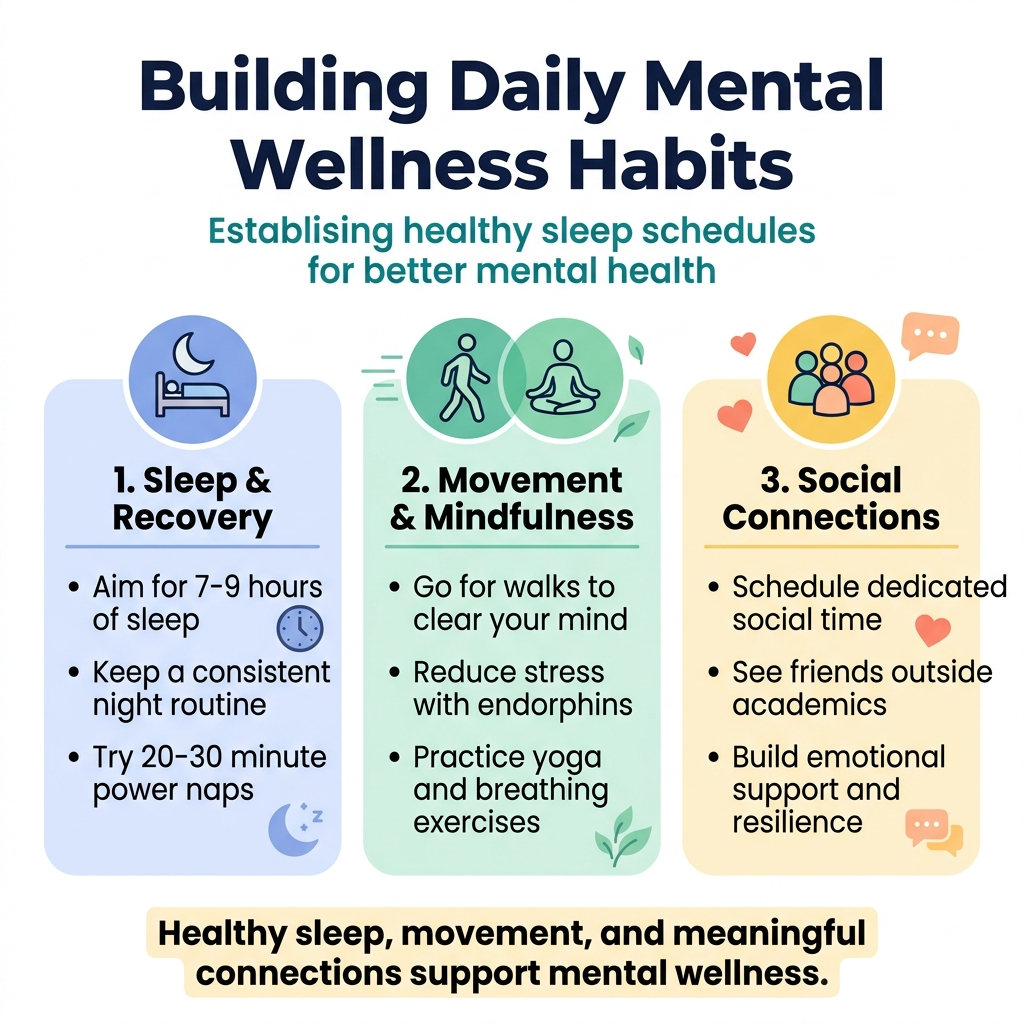 Create a clean, modern 1:1 infographic with a full-bleed layout, no frame, no inset margins, and a wide balanced composition. Use a soft calming palette of navy blue, teal, mint green, light sky blue, and warm yellow accents on a white background. Use bold sans-serif typography for headings and simple readable sans-serif for body text.
Top center: large bold title in dark navy text, "Building Daily Mental Wellness Habits". Directly beneath it, a smaller subtitle in teal, "Establishing healthy sleep schedules for better mental health".
Divide the infographic into 3 horizontal sections across the canvas with clear visual separation, each in a rounded rectangle block with a matching icon and numbered label.
Left section:
Place a crescent moon and bed icon in a blue circle. Heading: "1. Sleep & Recovery". Include 3 short bullet points:
"• Aim for 7-9 hours of sleep"
"• Keep a consistent night routine"
"• Try 20-30 minute power naps"
Add small visual symbols of a clock and moon beside the bullets. Use soft blue and lavender accents.
Center section:
Place a walking figure icon and a yoga pose icon in green circles. Heading: "2. Movement & Mindfulness". Include 3 short bullet points:
"• Go for walks to clear your mind"
"• Reduce stress with endorphins"
"• Practice yoga and breathing exercises"
Add subtle motion lines and leaf accents. Use teal and green tones.
Right section:
Place a group of friends icon in a yellow circle. Heading: "3. Social Connections". Include 3 short bullet points:
"• Schedule dedicated social time"
"• See friends outside academics"
"• Build emotional support and resilience"
Add small heart and chat bubble icons. Use warm yellow, coral, and soft orange accents.
Bottom center, add a thin highlighted banner with a final takeaway in bold dark text:
"Healthy sleep, movement, and meaningful connections support mental wellness."
Use crisp icons, clear hierarchy, generous spacing, and a polished educational infographic style. Keep all text highly legible and aligned neatly within each section.