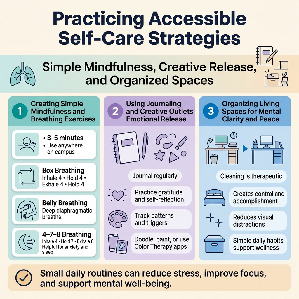 Square 1:1 infographic, full-bleed layout with clean professional design, soft light background in warm cream with teal, blue, and lavender accent panels, modern sans-serif fonts, bold dark navy title at top: "Practicing Accessible Self-Care Strategies". Use a wide three-section grid across the page, with clear icons and numbered blocks.
Top header band across full width with a large title and a small subtitle beneath it: "Simple Mindfulness, Creative Release, and Organized Spaces". Add subtle wellness icons near the title: a breathing lungs icon, a journal and pencil icon, and a tidy room icon.
Section 1 on the left, labeled with a teal circle number "1" and heading: "Creating Simple Mindfulness and Breathing Exercises". Show three stacked mini-cards with icons and short text:
- Card 1 with a calm breathing icon and text: "3–5 minutes" and "Use anywhere on campus"
- Card 2 with a square breathing loop icon and text: "Box Breathing" / "Inhale 4 • Hold 4 • Exhale 4 • Hold 4"
- Card 3 with a belly breathing icon showing hand on chest and hand on belly and text: "Belly Breathing" / "Deep diaphragmatic breaths"
- Card 4 with a moon and breath icon and text: "4–7–8 Breathing" / "Inhale 4 • Hold 7 • Exhale 8" / "Helpful for anxiety and sleep"
Section 2 in the center, labeled with a lavender circle number "2" and heading: "Using Journaling and Creative Outlets for Emotional Release". Show a notebook, pen, doodle shapes, paint palette, and phone app icons. Include four short bullet callouts in rounded boxes:
- "Journal regularly"
- "Practice gratitude and self-reflection"
- "Track patterns and triggers"
- "Doodle, paint, or use Color Therapy apps"
Section 3 on the right, labeled with a blue circle number "3" and heading: "Organizing Living Spaces for Mental Clarity and Peace". Show a before/after style tidy desk, bed-making icon, and storage box icon. Include four short bullet callouts:
- "Cleaning is therapeutic"
- "Creates control and accomplishment"
- "Reduces visual distractions"
- "Simple daily habits support wellness"
Bottom strip across the full width with a highlighted summary bar and checkmark icon, text: "Small daily routines can reduce stress, improve focus, and support mental well-being."
Use balanced spacing, strong visual hierarchy, rounded rectangles, minimal shadows, clear readable typography, and icons aligned to each text block. No people, no clutter, no extra text beyond the specified wording.
