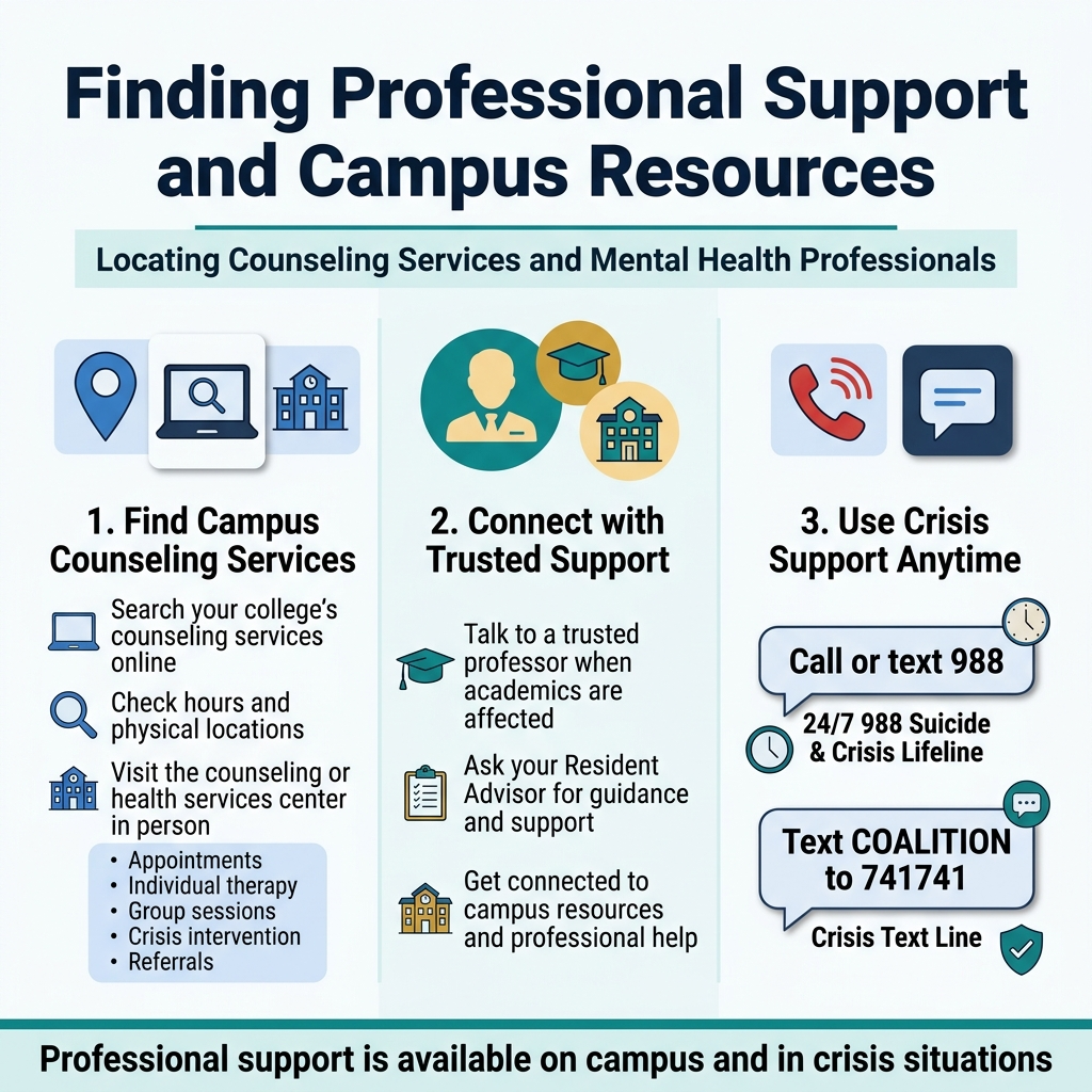 Create a square 1:1 full-bleed professional infographic with a clean modern campus-support theme, white background with deep navy, teal, and soft blue accents, bold sans-serif typography, clear visual hierarchy, and no outer poster frame. Place a large bold title across the top: "Finding Professional Support and Campus Resources"
Use a three-section wide horizontal layout across the center and lower half, with distinct colored blocks, icons, and numbered headers.
Top section:
- Main title centered at the top in dark navy, large bold font.
- Small subtitle line beneath the title in teal: "Locating Counseling Services and Mental Health Professionals"
Left center section:
- A blue map pin icon, laptop search icon, and building icon.
- Section header in bold: "1. Find Campus Counseling Services"
- Short bullet-style text:
"Search your college’s counseling services online"
"Check hours and physical locations"
"Visit the counseling or health services center in person"
- Small support notes in a light blue box:
"Appointments"
"Individual therapy"
"Group sessions"
"Crisis intervention"
"Referrals"
Middle center section:
- A warm teal and gold support icon cluster showing a professor silhouette and residence hall icon.
- Section header in bold: "2. Connect with Trusted Support"
- Short bullet-style text:
"Talk to a trusted professor when academics are affected"
"Ask your Resident Advisor for guidance and support"
"Get connected to campus resources and professional help"
- Add small icons beside each line: graduation cap, clipboard, dorm building.
Right center section:
- A red emergency phone icon and text message bubble icon.
- Section header in bold: "3. Use Crisis Support Anytime"
- Two stacked callout boxes:
"Call or text 988"
"24/7 988 Suicide & Crisis Lifeline"
and
"Text COALITION to 741741"
"Crisis Text Line"
- Add a small clock icon and shield icon to emphasize immediate help and safety.
Bottom band across the width:
- A thin teal footer strip with bold closing text centered:
"Professional support is available on campus and in crisis situations"
Use clean spacing, crisp lines, subtle shadowed cards, and simple flat vector icons. Keep text fully legible and arranged in balanced multi-column sections, not a narrow vertical stack.