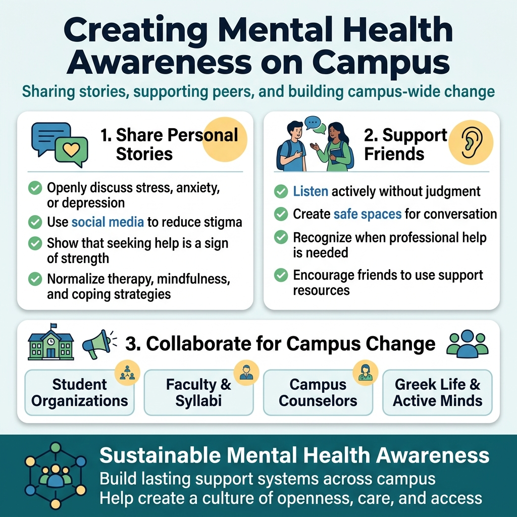 Square 1:1 full-bleed infographic, clean modern campus style, white background with teal, blue, green, and soft yellow accents, bold sans-serif typography, clear visual hierarchy, no frame, no inset margins.
Top header spanning full width: large bold title in dark navy text: "Creating Mental Health Awareness on Campus"
Directly beneath, smaller subtitle in teal: "Sharing stories, supporting peers, and building campus-wide change"
Main layout: three wide horizontal sections with simple icons and short text blocks, arranged in a balanced 2-column grid with a bottom full-width collaboration band.
Section 1 on upper left with a speech bubble and heart icon:
Heading: "1. Share Personal Stories"
Bullets:
"Openly discuss stress, anxiety, or depression"
"Use social media to reduce stigma"
"Show that seeking help is a sign of strength"
"Normalize therapy, mindfulness, and coping strategies"
Section 2 on upper right with two students talking and a listening ear icon:
Heading: "2. Support Friends"
Bullets:
"Listen actively without judgment"
"Create safe spaces for conversation"
"Recognize when professional help is needed"
"Encourage friends to use support resources"
Section 3 across the middle-lower area with campus building, megaphone, and group icon:
Heading: "3. Collaborate for Campus Change"
Four compact labeled boxes with icons:
"Student Organizations"
"Faculty & Syllabi"
"Campus Counselors"
"Greek Life & Active Minds"
Bottom full-width banner with connected network line and community icon, dark teal background with white text:
Heading: "Sustainable Mental Health Awareness"
Text:
"Build lasting support systems across campus"
"Help create a culture of openness, care, and access"
Visual style details: use rounded cards, thin divider lines, simple flat vector icons, subtle shadows, ample spacing, strong contrast, professional collegiate infographic look, medium blue highlights for keywords, green check icons for supportive actions, warm yellow accent circles for key ideas.