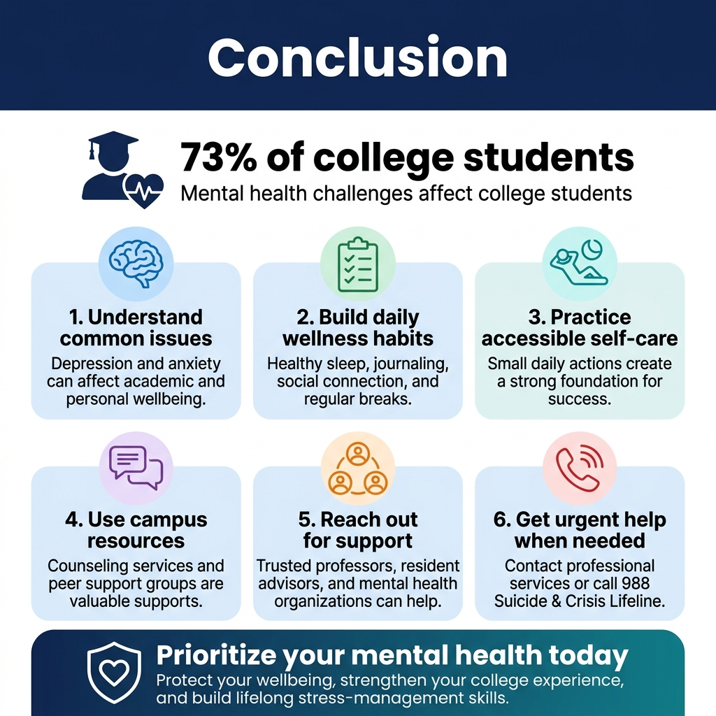 Square 1:1 infographic, full-bleed modern professional design with a clean white background, deep navy and teal accents, soft blue highlight panels, and subtle rounded shapes. Bold sans-serif typography with strong hierarchy.
Top full-width header bar in navy with large white title text: "Conclusion"
Below the title, a large centered statistic block with an icon of a student silhouette and a heartbeat line, plus big bold text: "73% of college students" and smaller supporting text: "Mental health challenges affect college students"
Main content arranged in two wide horizontal rows of three rounded cards each, using clear icons and short text.
Card 1 at upper left: blue brain icon, heading text: "1. Understand common issues" and smaller text: "Depression and anxiety can affect academic and personal wellbeing."
Card 2 at upper center: green checklist icon, heading text: "2. Build daily wellness habits" and smaller text: "Healthy sleep, journaling, social connection, and regular breaks."
Card 3 at upper right: teal self-care icon with a person relaxing, heading text: "3. Practice accessible self-care" and smaller text: "Small daily actions create a strong foundation for success."
Card 4 at lower left: purple counseling icon with speech bubbles, heading text: "4. Use campus resources" and smaller text: "Counseling services and peer support groups are valuable supports."
Card 5 at lower center: orange support network icon with three connected people, heading text: "5. Reach out for support" and smaller text: "Trusted professors, resident advisors, and mental health organizations can help."
Card 6 at lower right: red lifeline phone icon, heading text: "6. Get urgent help when needed" and smaller text: "Contact professional services or call 988 Suicide & Crisis Lifeline."
Bottom-wide closing banner in navy-to-teal gradient with a shield-and-heart icon and bold white text: "Prioritize your mental health today"
Smaller white text under it: "Protect your wellbeing, strengthen your college experience, and build lifelong stress-management skills."
Use clear spacing, aligned cards, simple line icons, and high contrast text. No decorative clutter, no vertical poster frame, no inset margins.